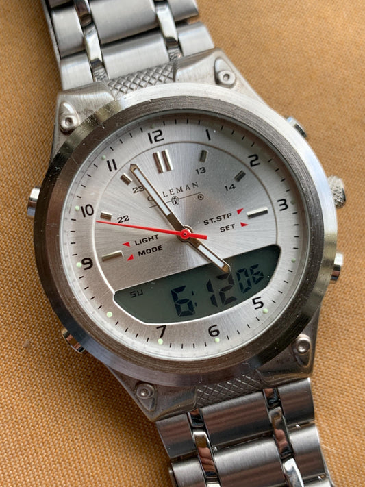 Let's Go Camping! Coleman Watch - Ani Digi, Retro, Heavy, 40mm, Thick, Red Sweep, Radiant Silver Dial, Works Well, Tested. New Battery.