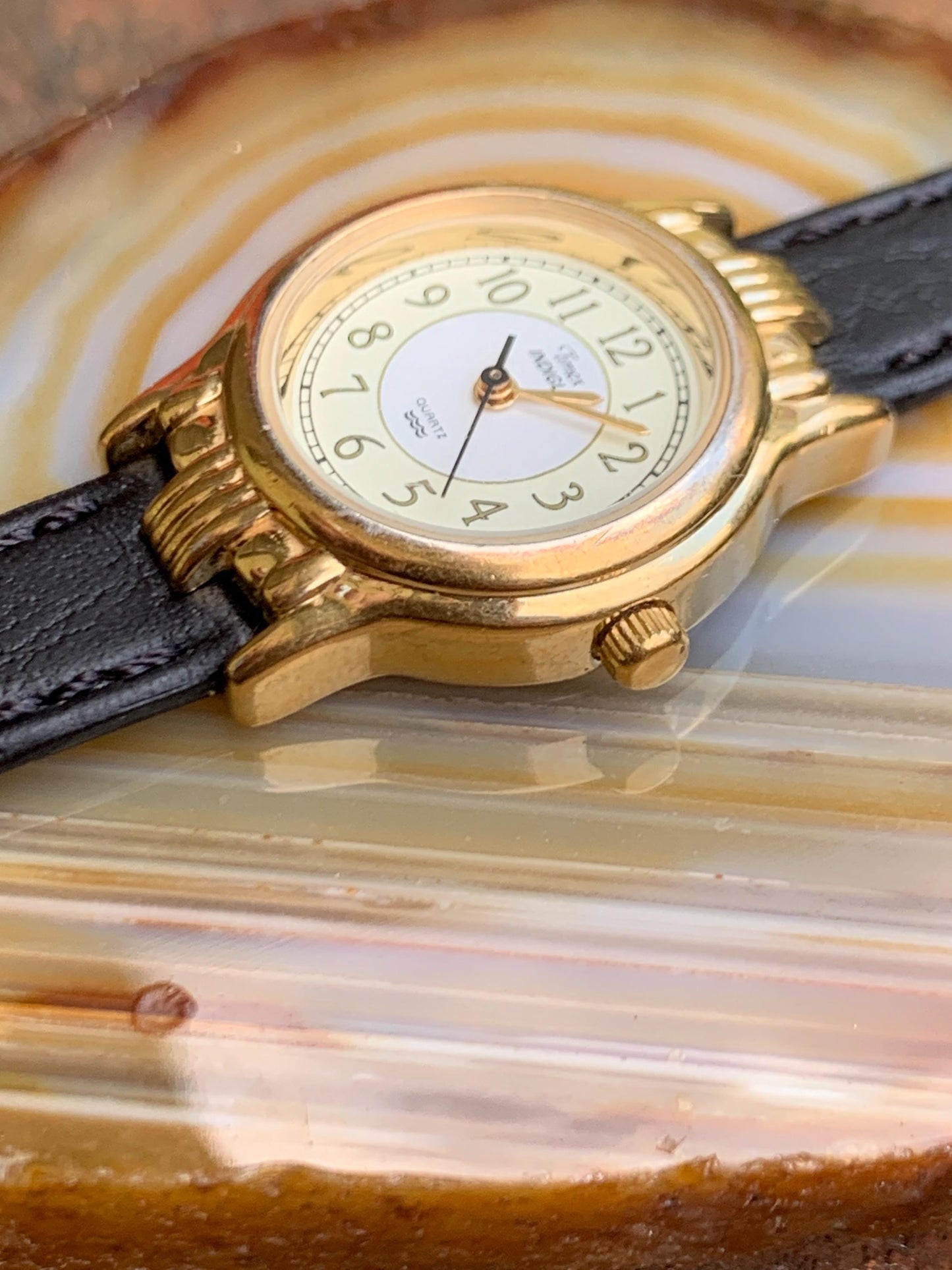 Elegant Timex Indiglo Women's Watch - 1998 Classic Two Tone Dial w/Decorative Gold Tone Fancy Lugs and Bezel. Very Good Condition.