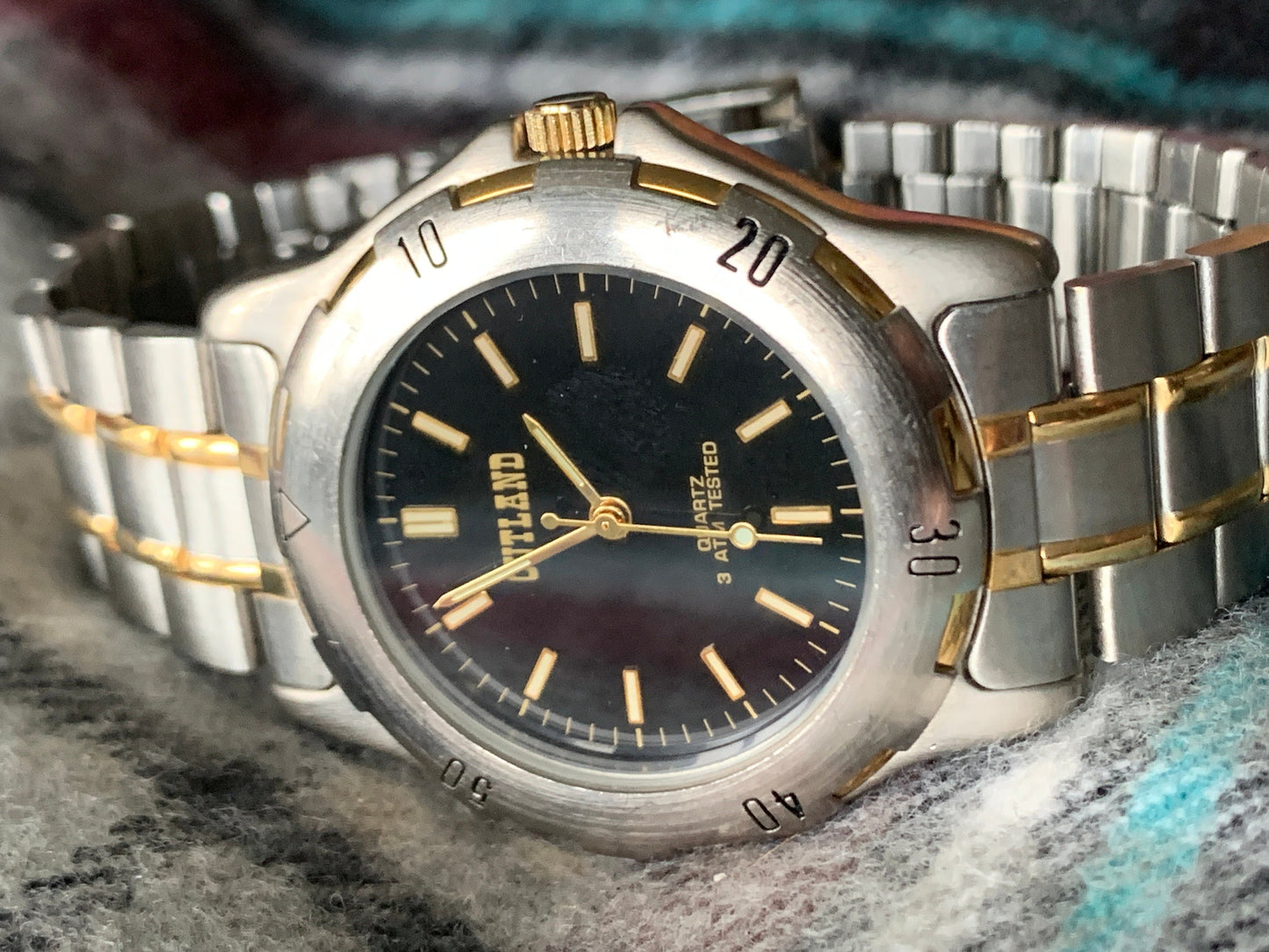 Outland Watch 1990s - Diver Style, Silver tone w/gold tone accents, Black Dial, Good Condition, Good Weight, Works Well. New Battery.