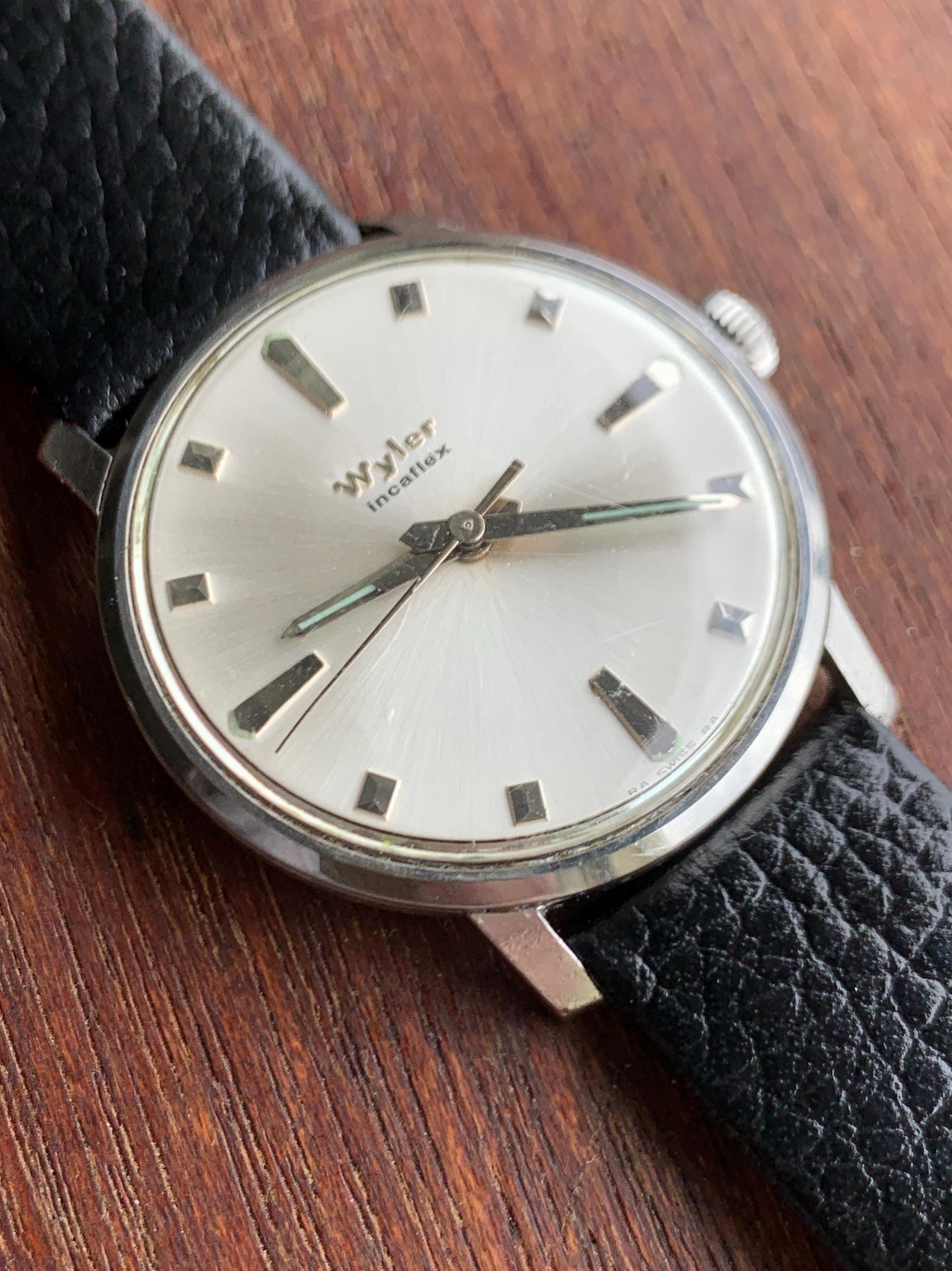 Mid-1960s Wyler Winder Watch - Swiss Made Silver Radiant Dial with New Vintage Style Calf Leather Black Strap. Incaflex. Works. MSM Style!