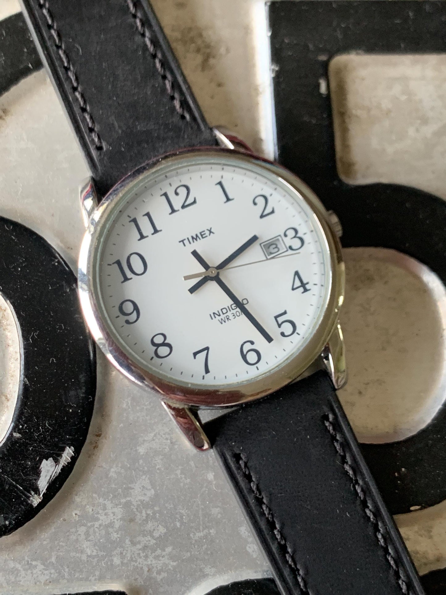 Classic Timex Black & White Quartz Watch. Early 2000s Indiglo with New Battery and New Quick-Release Classic Black Supple Leather Strap.