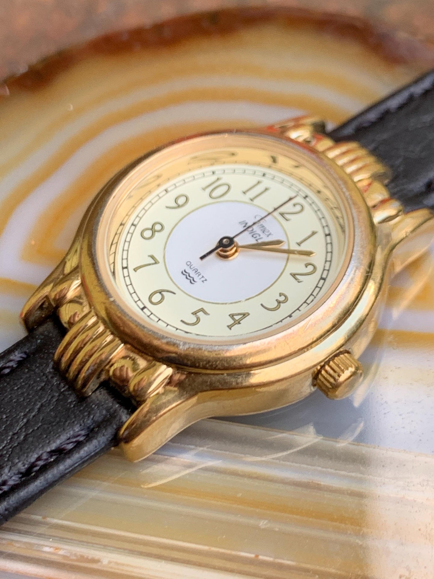 Elegant Timex Indiglo Women's Watch - 1998 Classic Two Tone Dial w/Decorative Gold Tone Fancy Lugs and Bezel. Very Good Condition.