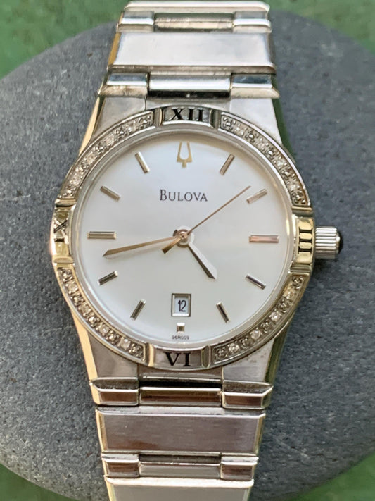 Bulova Ladies Bracelet-Style Roman Steel Watch with Subtle Diamond Bezel - Mother of Pearl Dial with Integral Bracelet. Excellent.
