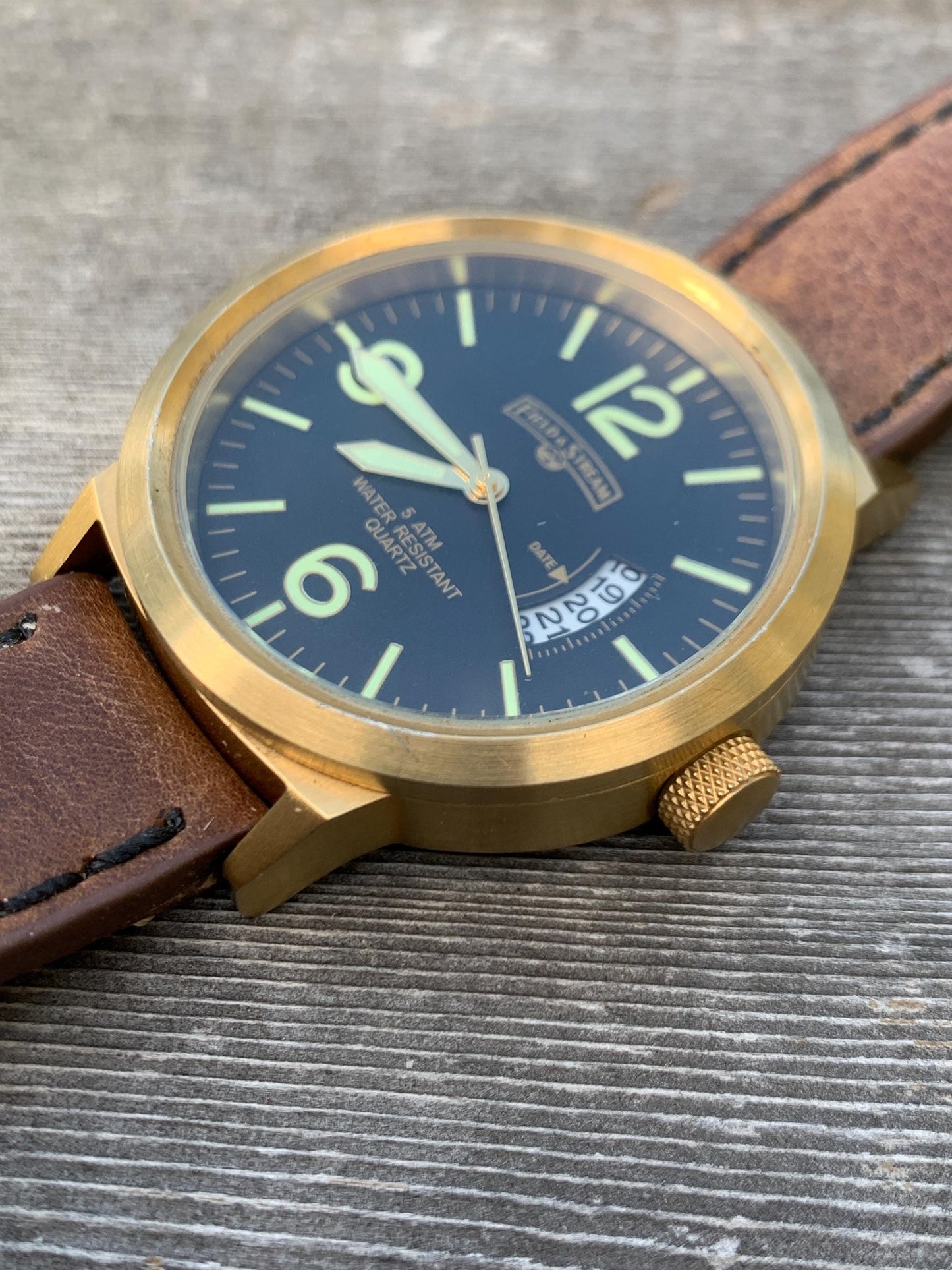 Field & Stream Sporty 44mm Watch - Brushed Gold Metal, Black Dial, Lume, Date, Works Well, Original Gently Worn Leather Strap. New Battery.