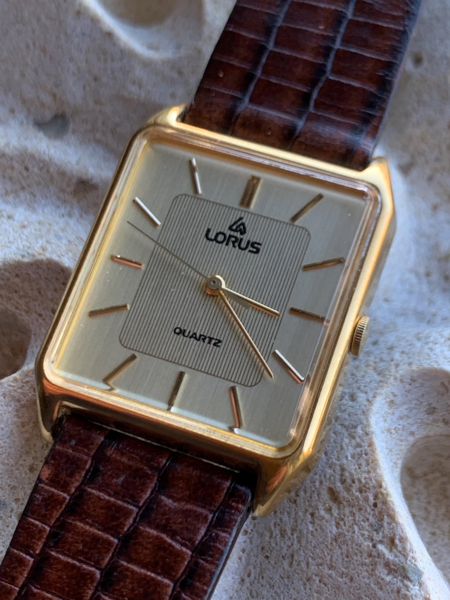 Lorus by Seiko Quartz Tank Watch - Gold Tone, with vintage brown leather Band, New Battery, Accurate, Mid-1980s. Neo Vintage Slim Tank Watch