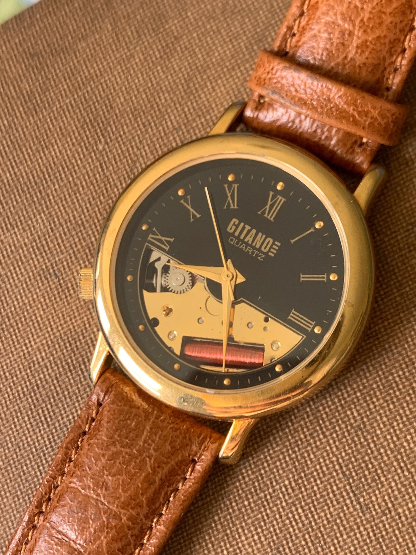 1990s Gitano Skeleton Quartz Watch: Black Roman Numeral Dial, 34mm