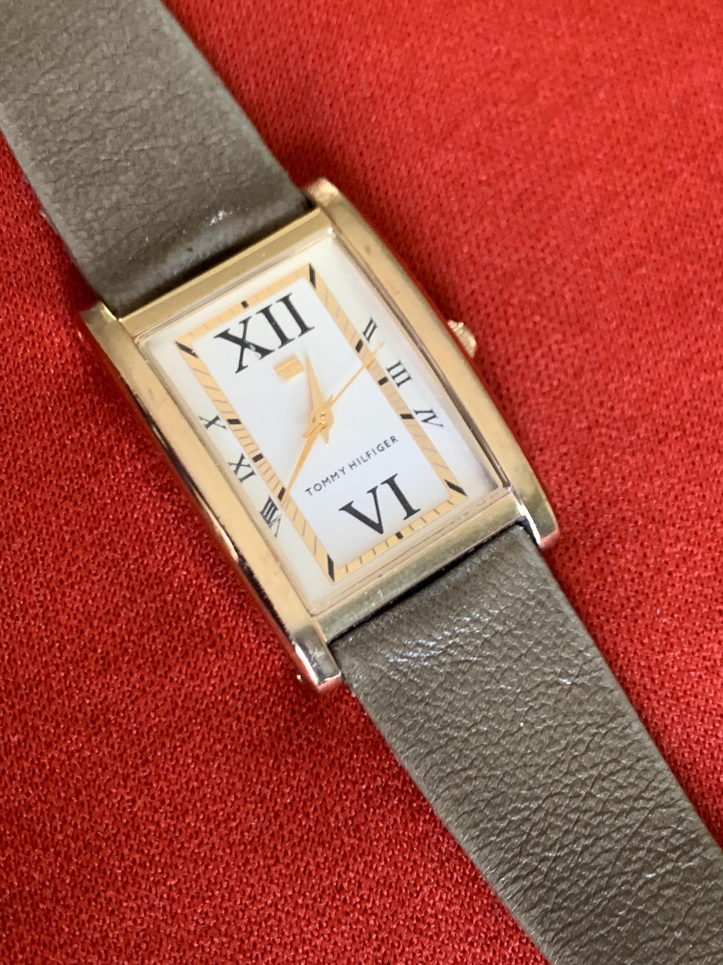 Late 90s Retro-Style Tank Watch: Gold Tone Tommy Hilfiger Tank Watch w/Classic Roman Numerals, Gold Dial. Period  Leather Band, New Battery.