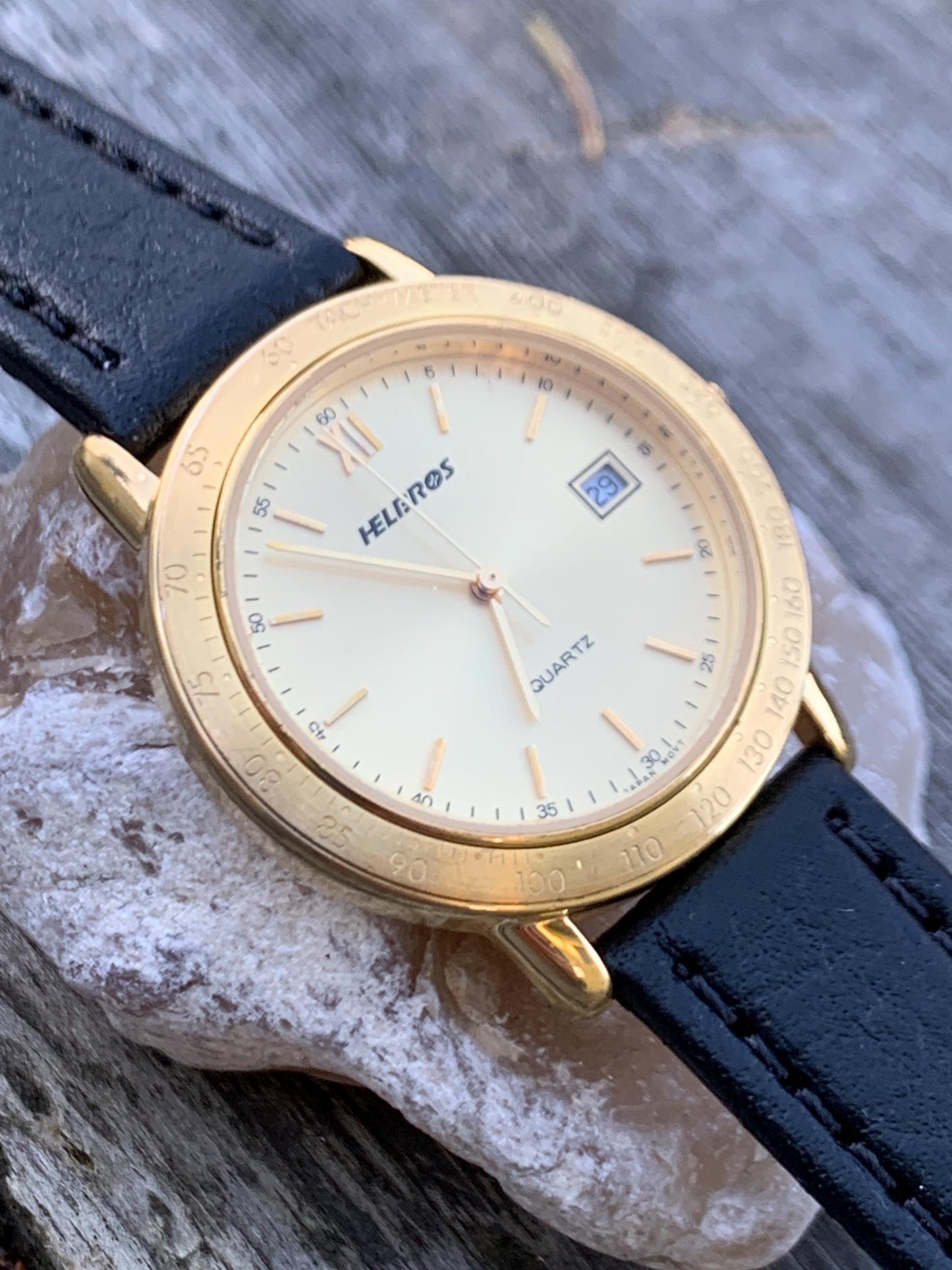 Millennial Era Helbros Quartz Watch Gold Tone Finish, Tachymeter Bezel, Gold Dial with Date New battery. New Black Calf Leather Band.