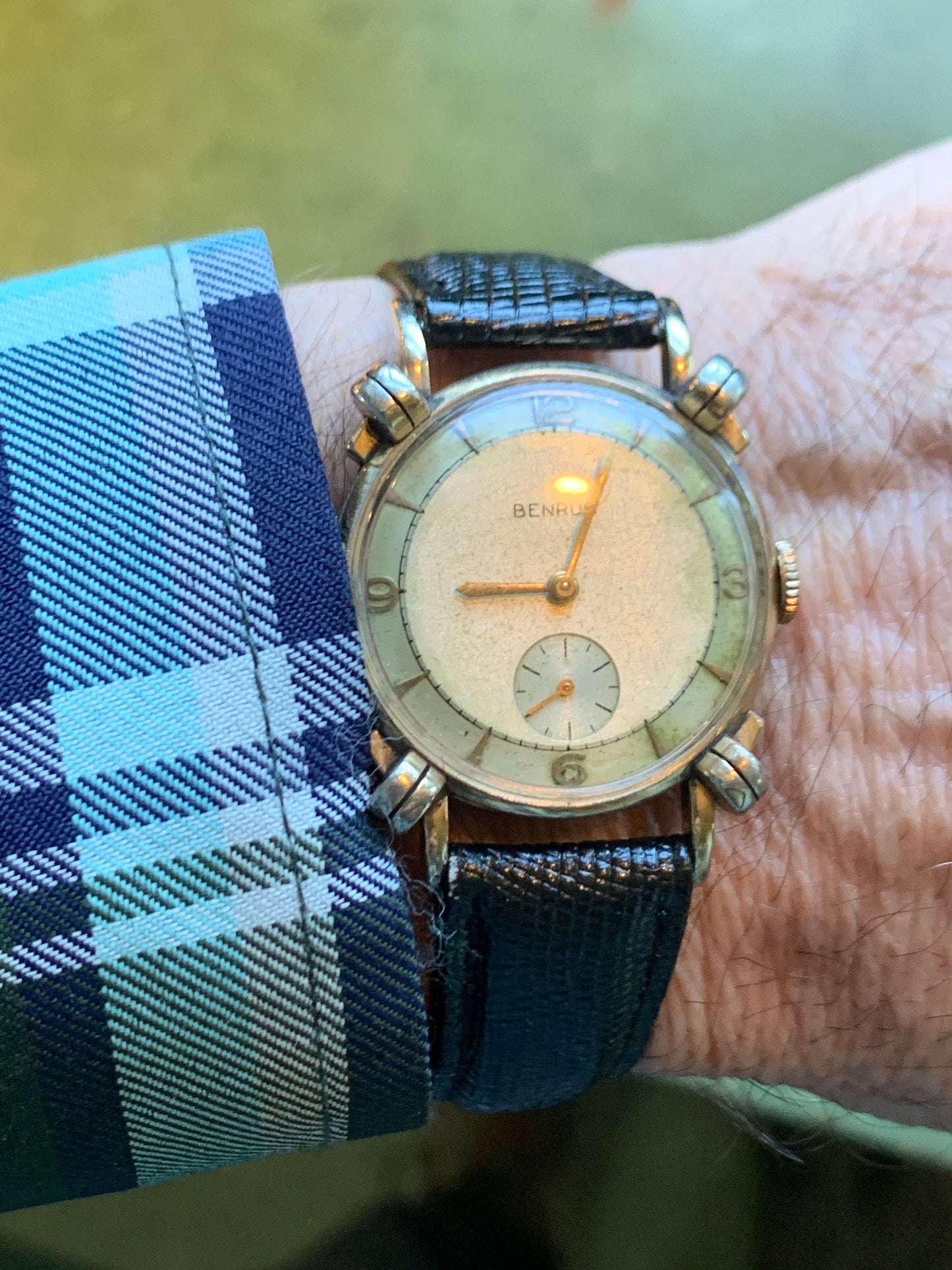 Vintage Fancy Knotted Lugs Benrus Watch 10K Rolled Gold Plate. 1940s/50s Mechanical Movement Winder. Works. 2 Vintage bands - Gents & Ladies