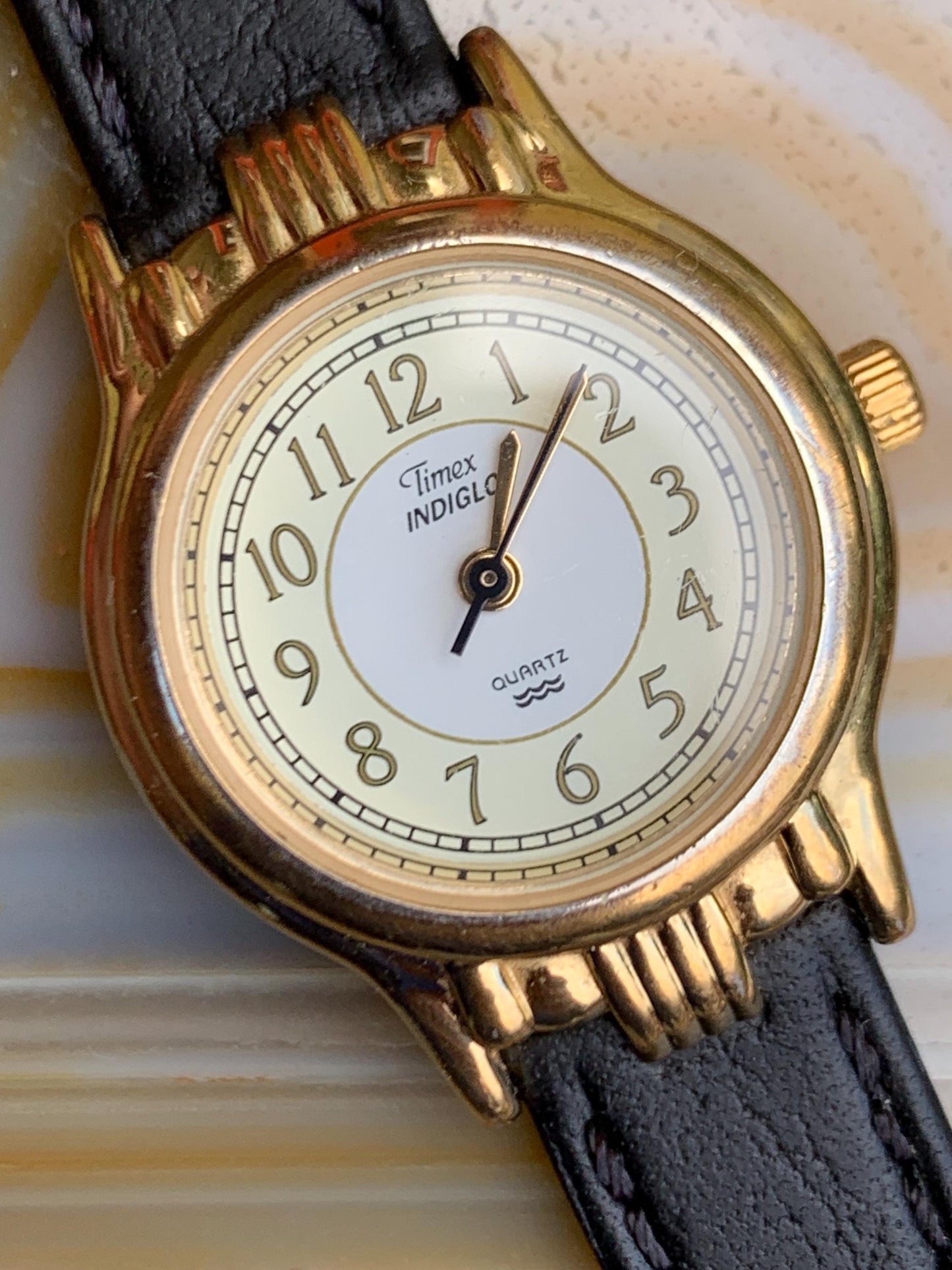 Elegant Timex Indiglo Women's Watch - 1998 Classic Two Tone Dial w/Decorative Gold Tone Fancy Lugs and Bezel. Very Good Condition.