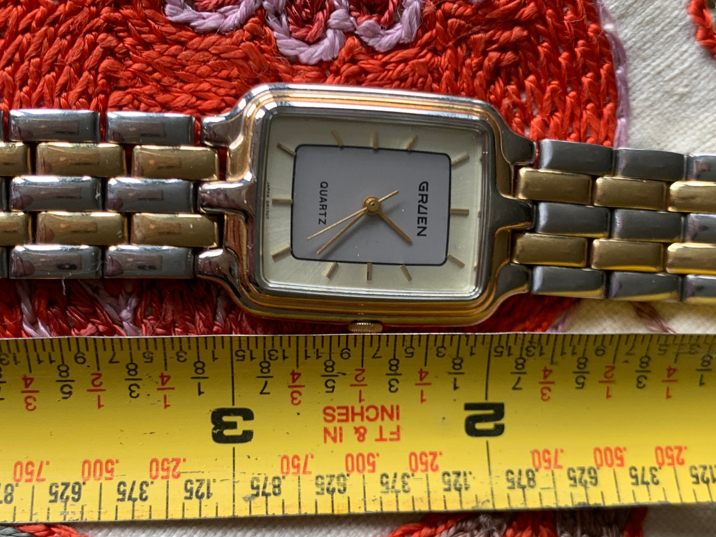 Neo-Vintage: 1980s Gruen Two Tone Metal Tank Watch - Barely worn, new battery, keeps time well.  Retro flair! 001-6L32