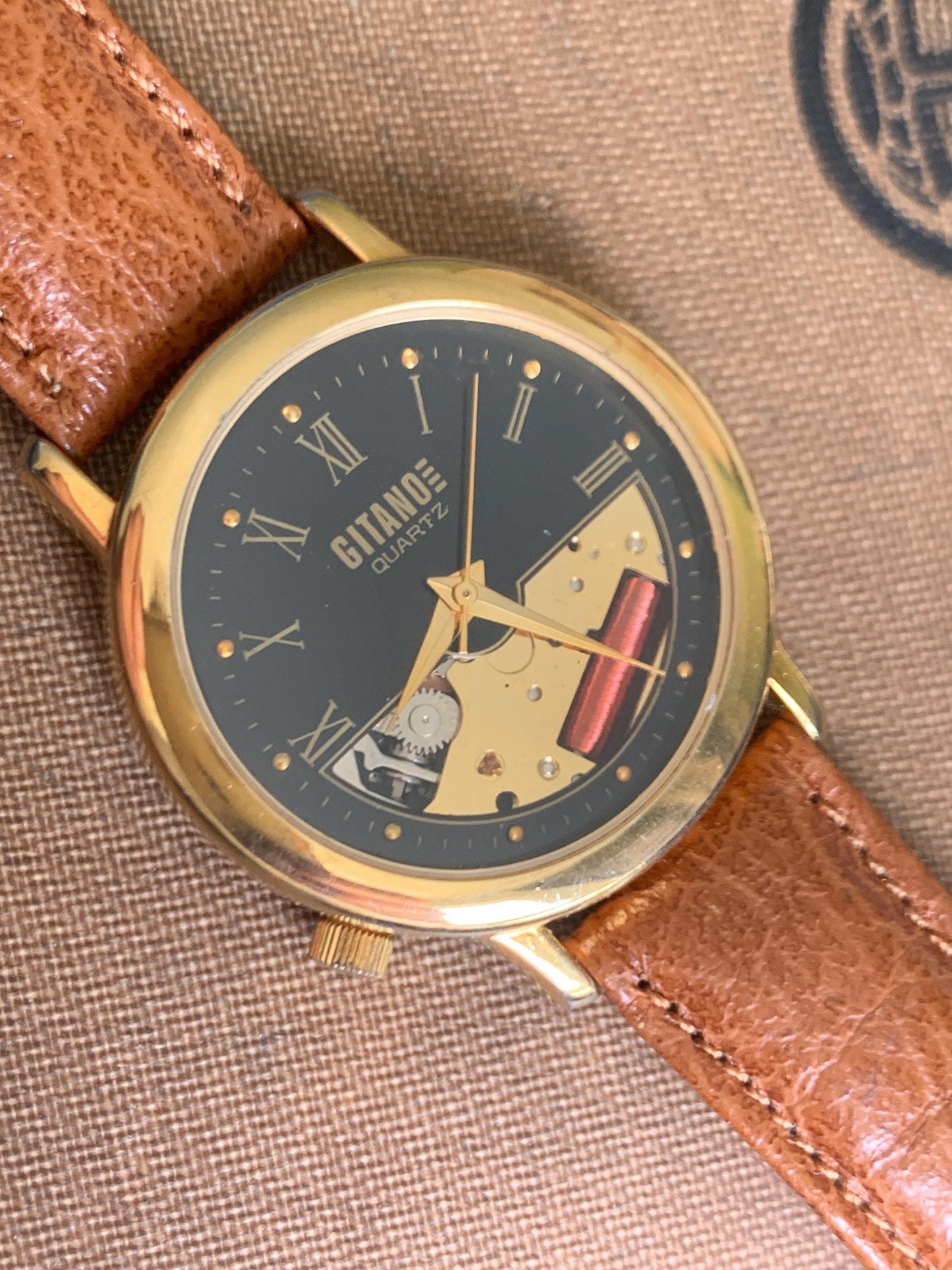 1990s Gitano Skeleton Quartz Watch: Black Roman Numeral Dial, 34mm