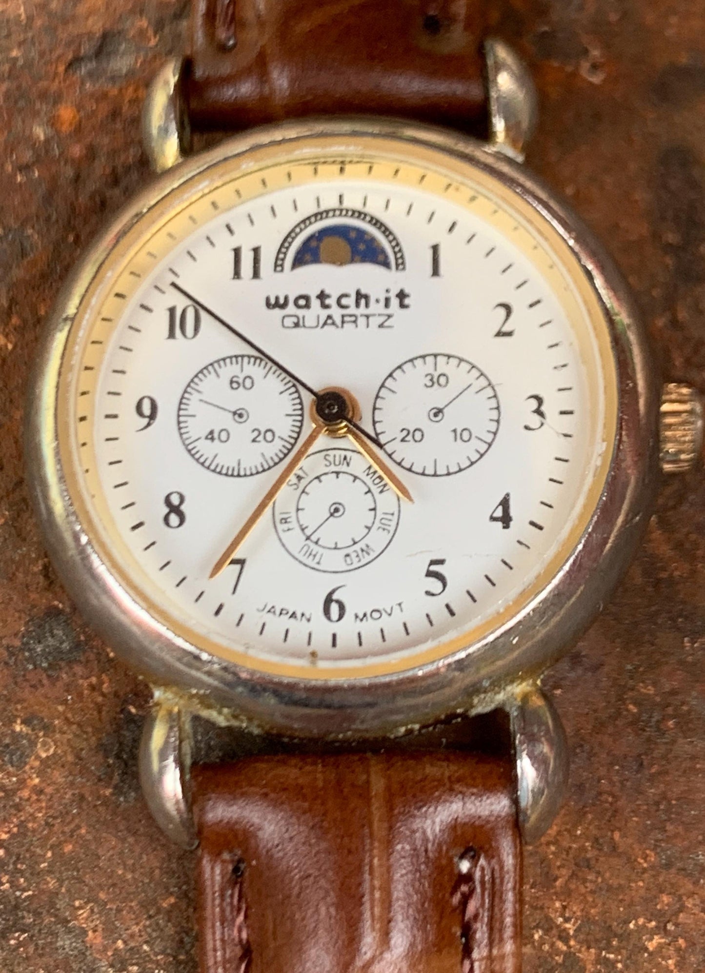 Many Many Moons Moon Phase Women's Quartz Watch - Watch-It Brand by Nelsonic. New battery. True Moon Month. Good but quite worn condition.