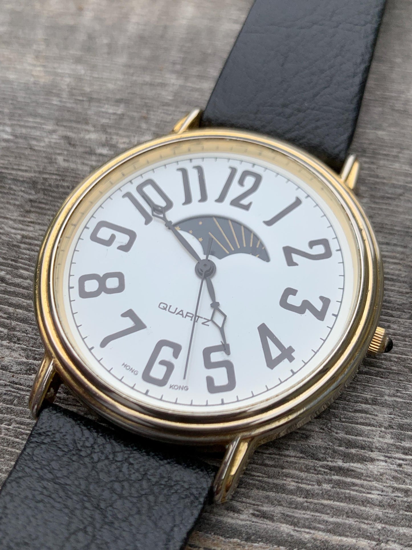 Excellent Large 90s Sun Moon Watch - 44mm Three-Hand 'Moonphase' with Original Leather Band Sun Moon Day Night Watch. Excellent Condition.