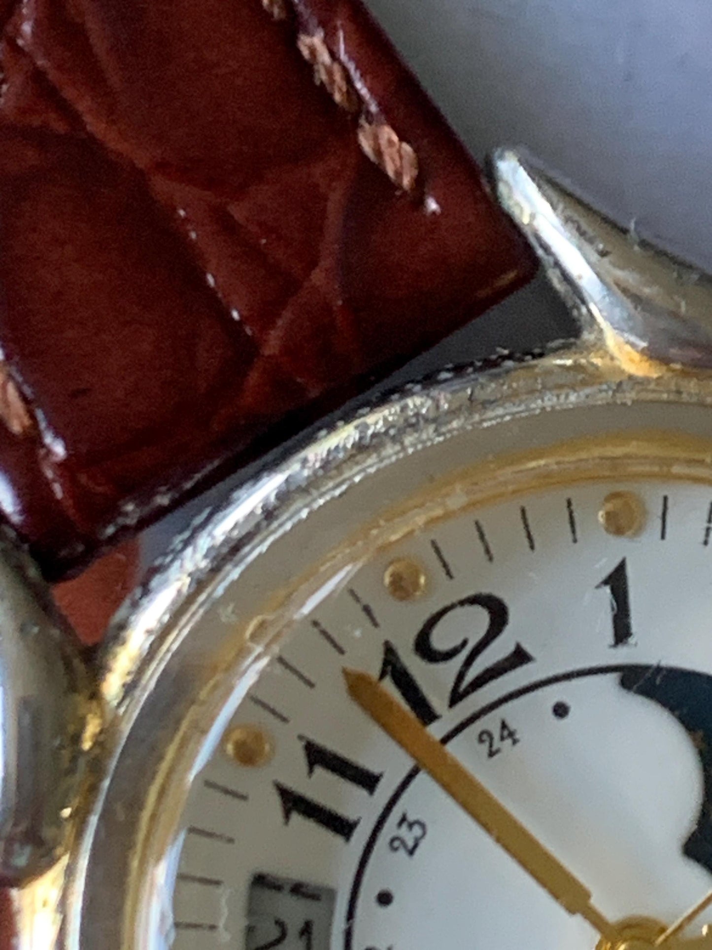 Aged McGregor Moonphase Watch - Cool 90s True Moon Phase Duotone Dial: Shows Age. Side Dial Moon Window. New battery, New leather strap.