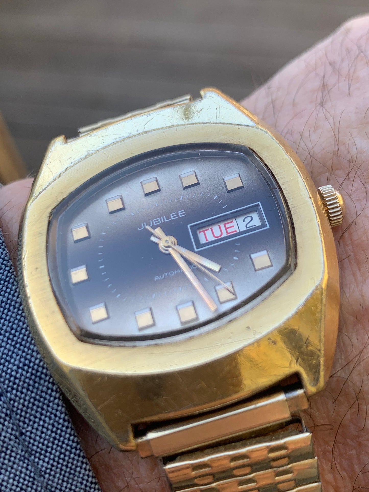 1970s Jublilee Automatic TV Style Watch with Day/Date. Fifty years of loving wear showing here and there. Great crystal, works, keeps time.