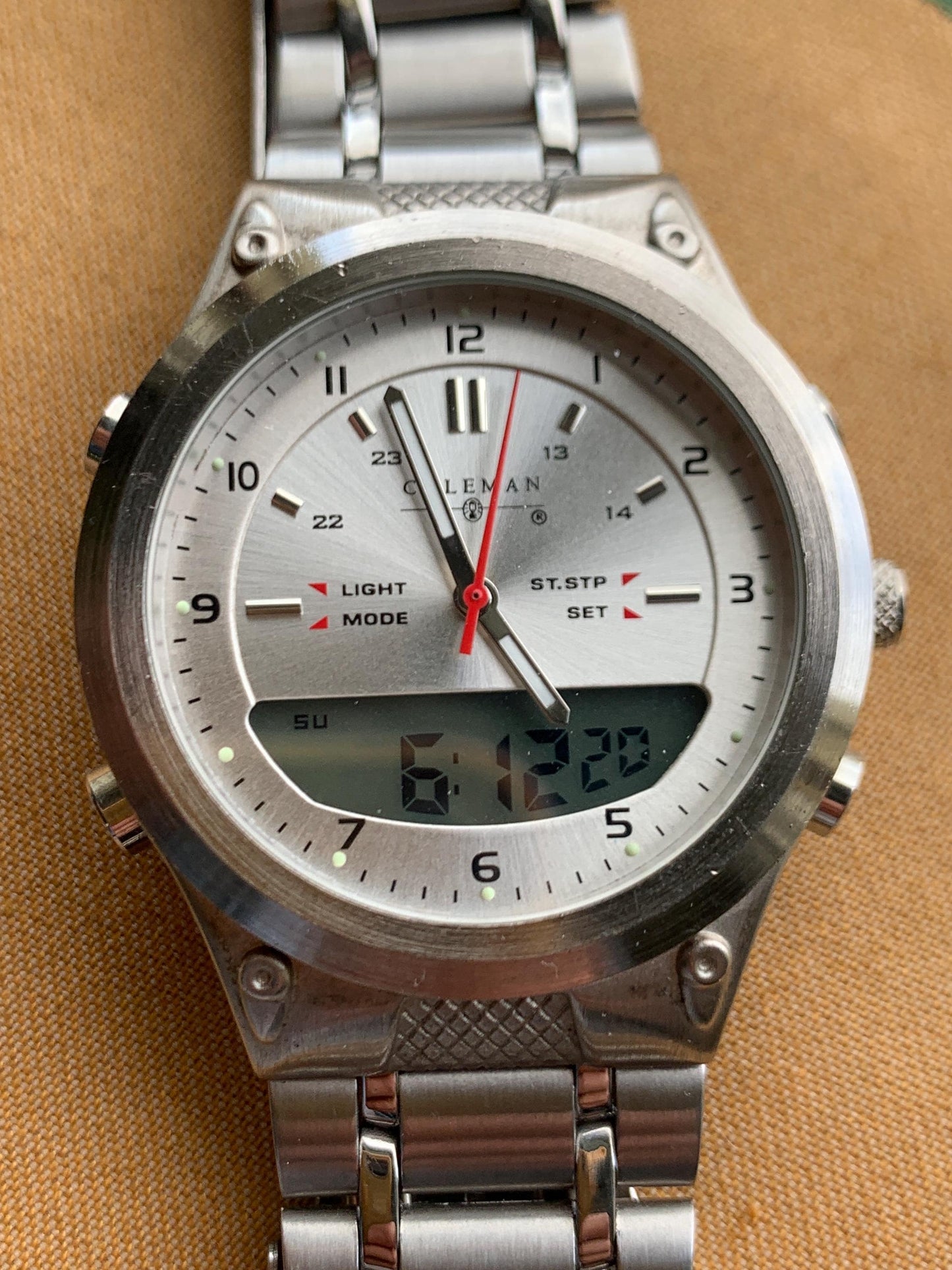 Let's Go Camping! Coleman Watch - Ani Digi, Retro, Heavy, 40mm, Thick, Red Sweep, Radiant Silver Dial, Works Well, Tested. New Battery.