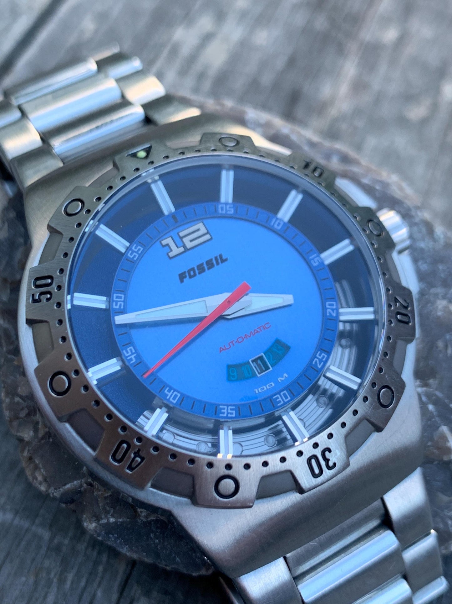 Fossil Blue Automatic 'Poseidon' Watch AM-4028 - Blue Dial, Diver Style w/ Rotating Bezel, Excellent Cond, 42mm.