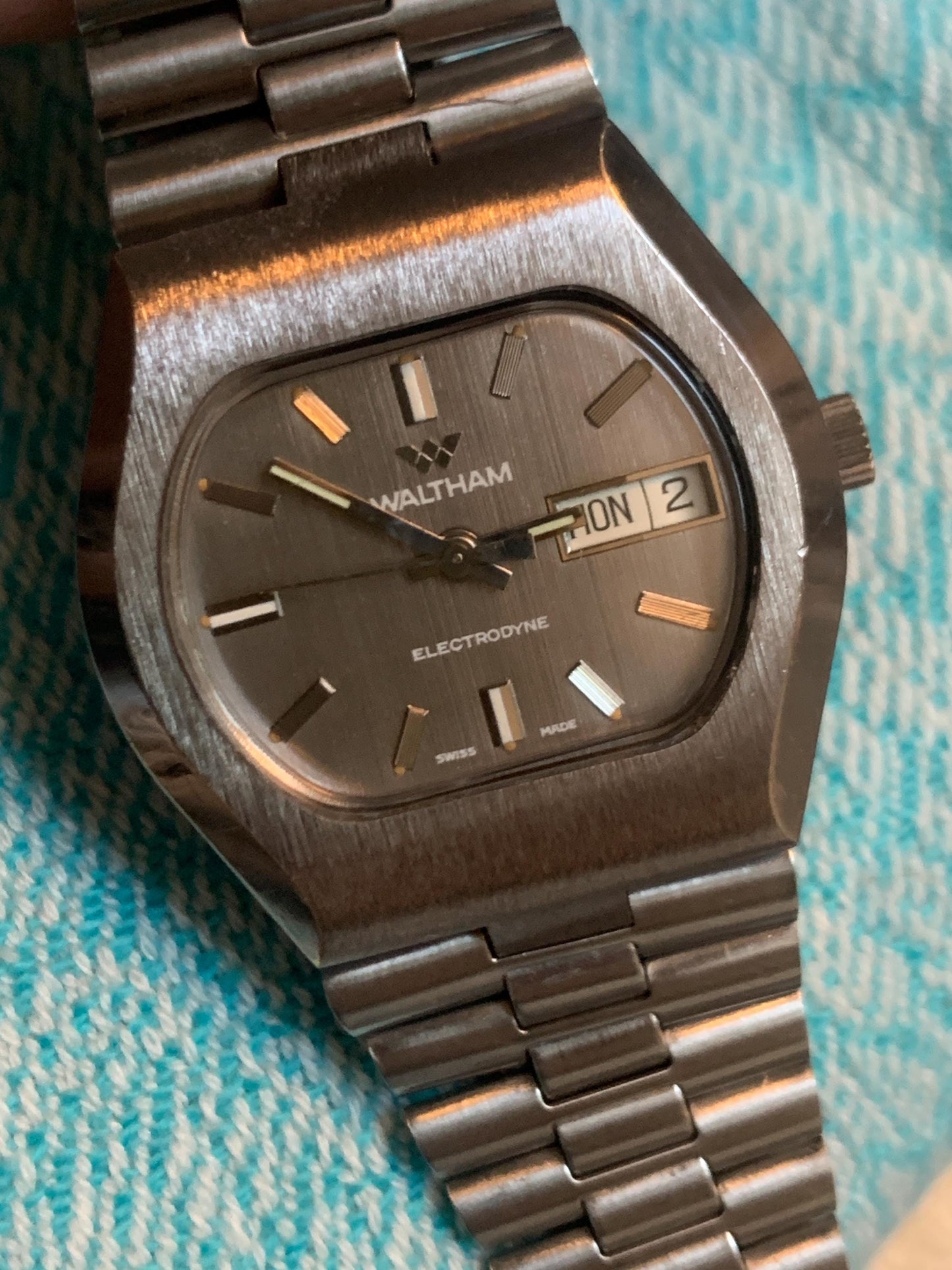 1970s Cool Waltham Electrodyne. TV Style Bezel  and Dial. Silver Tone, Day & Date. Original Bracelet! Heavy, Bold Design. Immaculate.