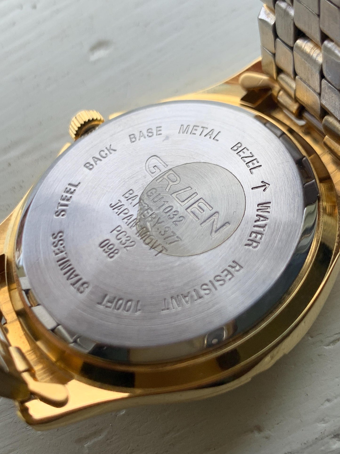 NOS 1990s Gruen Gold Tone Watch with Black Dial & Cufflinks