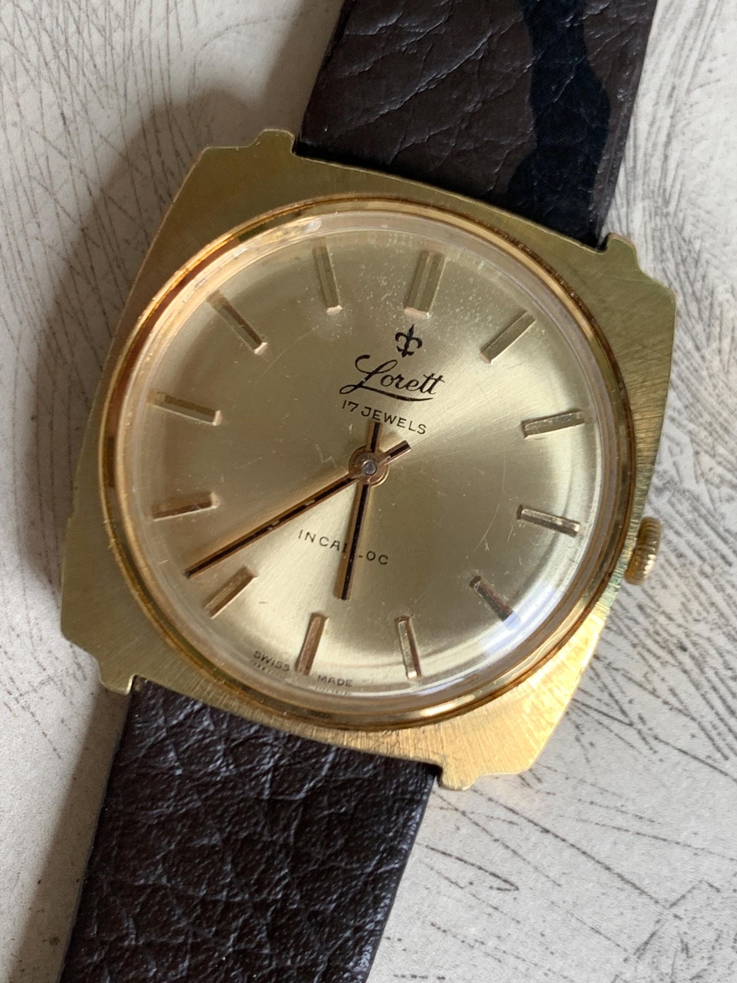 Early 70s Swiss Made Lorett Winder Watch - Square Gold Tone w/ Radiant Dial  Vintage Style Leather Strap. Incabloc. Works. Slim. Cool.