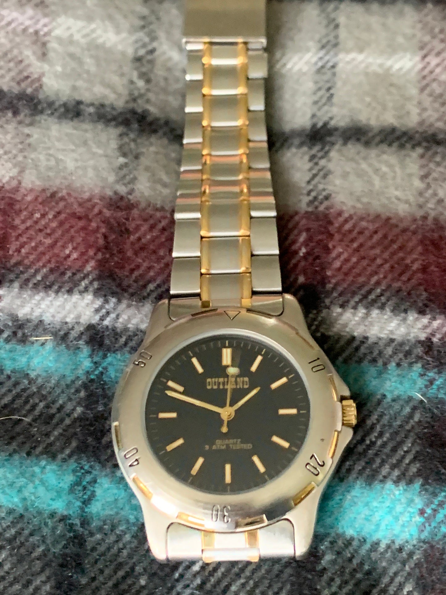 Outland Watch 1990s - Diver Style, Silver tone w/gold tone accents, Black Dial, Good Condition, Good Weight, Works Well. New Battery.