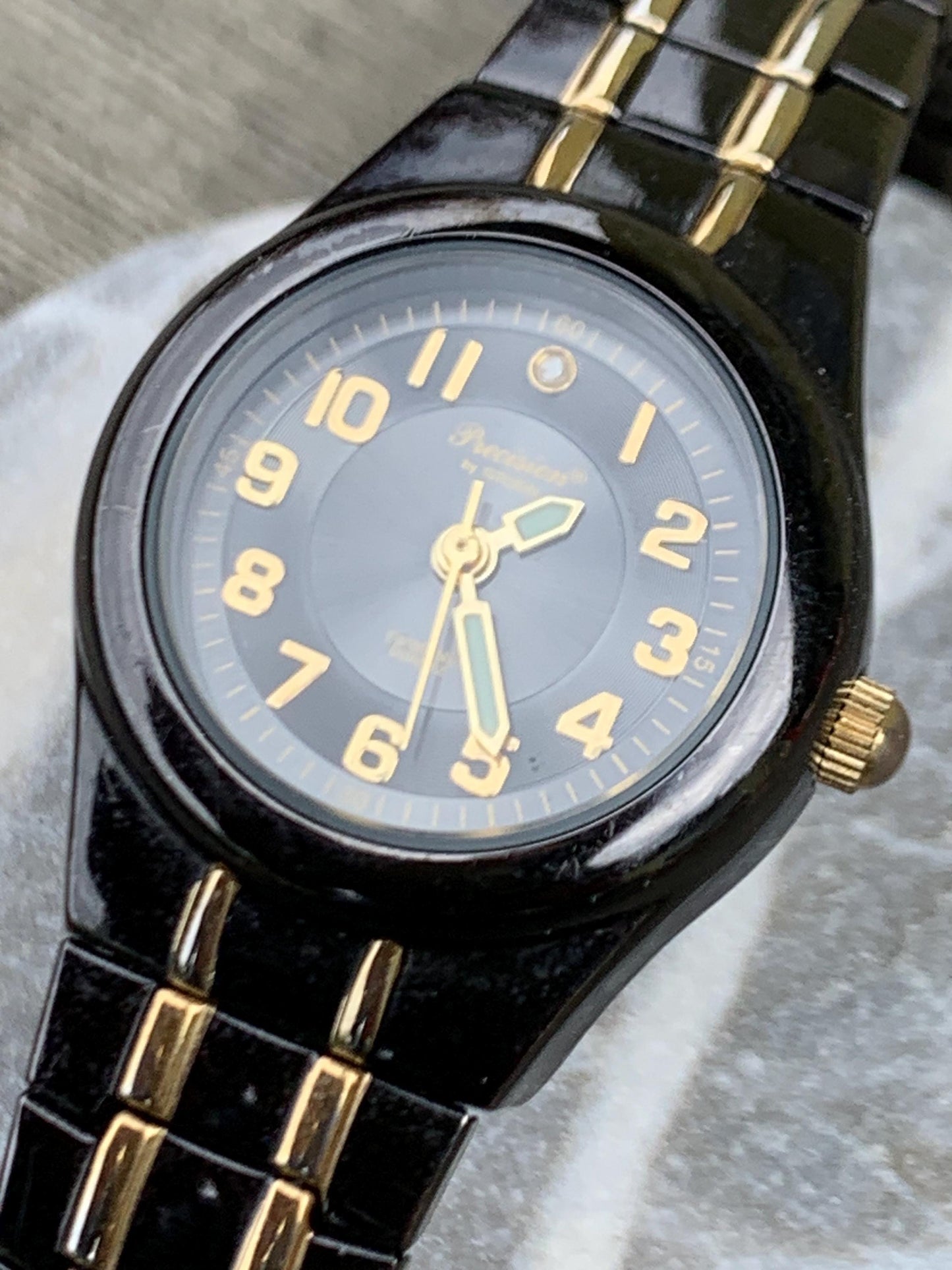 Precision by Gruen Women's Quartz Watch Two Tone Dark Steel and Gold.  Radiant Dial. Barely worn, new battery, runs well. 6.25"