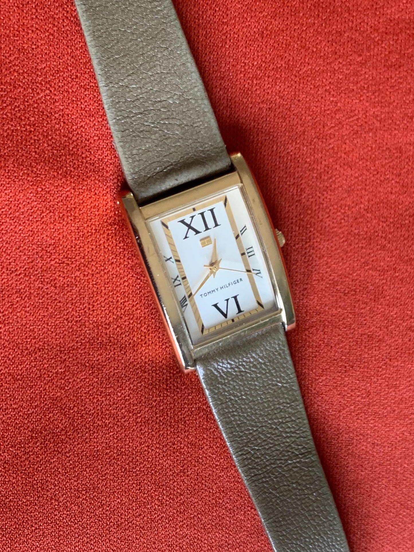 Late 90s Retro-Style Tank Watch: Gold Tone Tommy Hilfiger Tank Watch w/Classic Roman Numerals, Gold Dial. Period  Leather Band, New Battery.