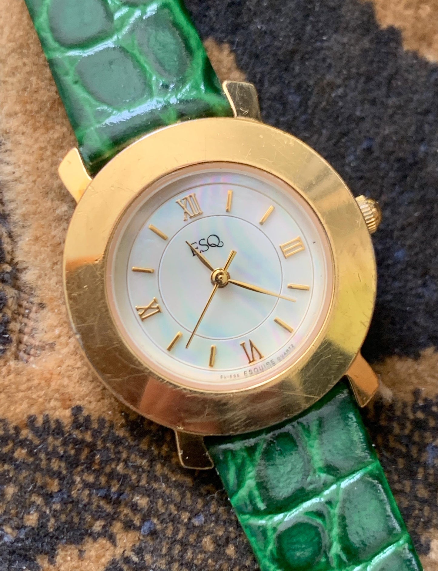 Modernist ESQ (by Movado) Roman Mother of Pearl Dial, Gold Tone Fancy Lugs, 90s, New Crocodile Pattern Green Band. 28mm. Swiss ETA Movement.