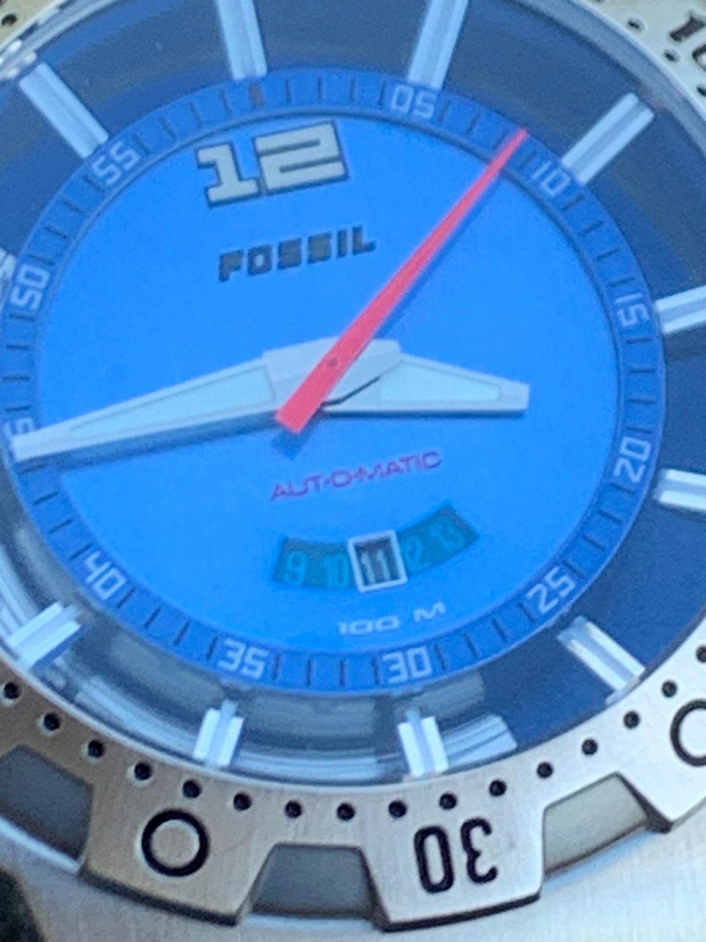 Fossil Blue Automatic 'Poseidon' Watch AM-4028 - Blue Dial, Diver Style w/ Rotating Bezel, Excellent Cond, 42mm.
