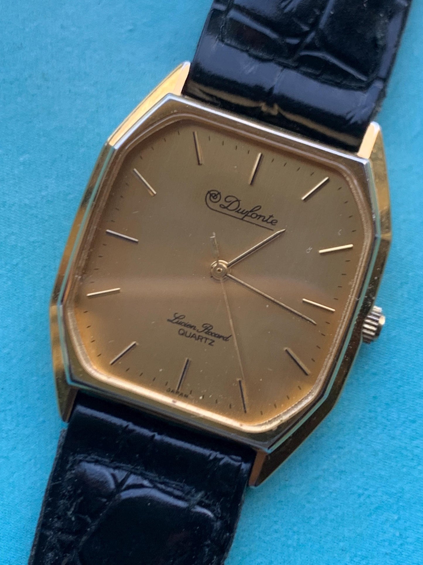 Elegant Dufonte by Lucien Piccard Tank Watch: Goldtone Quartz with Brushed Golden Dial. 1980s/90s Fancy Dress Watch, NOS vintage black strap