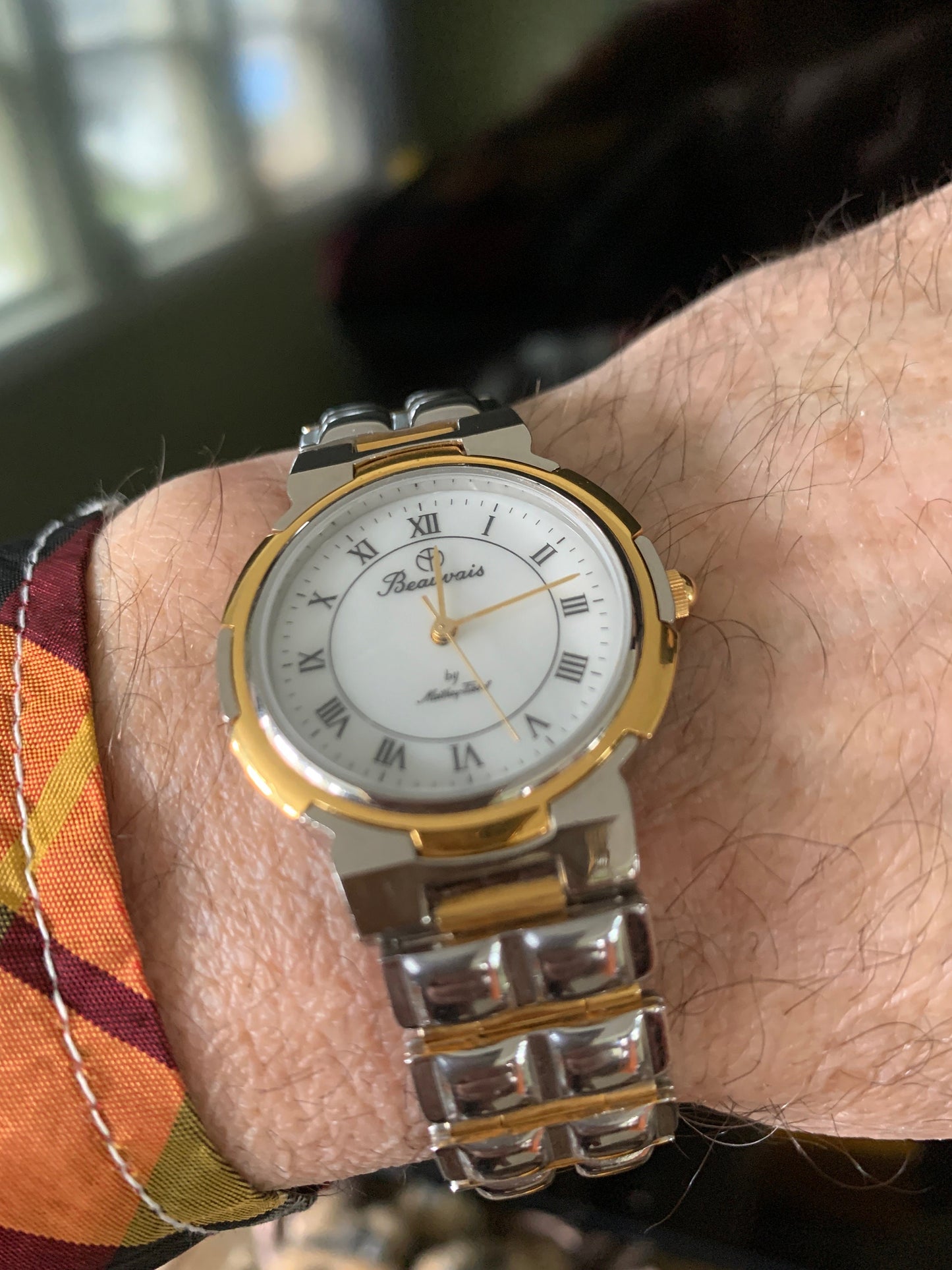 1980s Pearl Dial DuoTone Quartz Watch - Beauvais by Mathey-Tissot - Two Tone Gold & Silver, Roman Numerals, new battery, good condition.