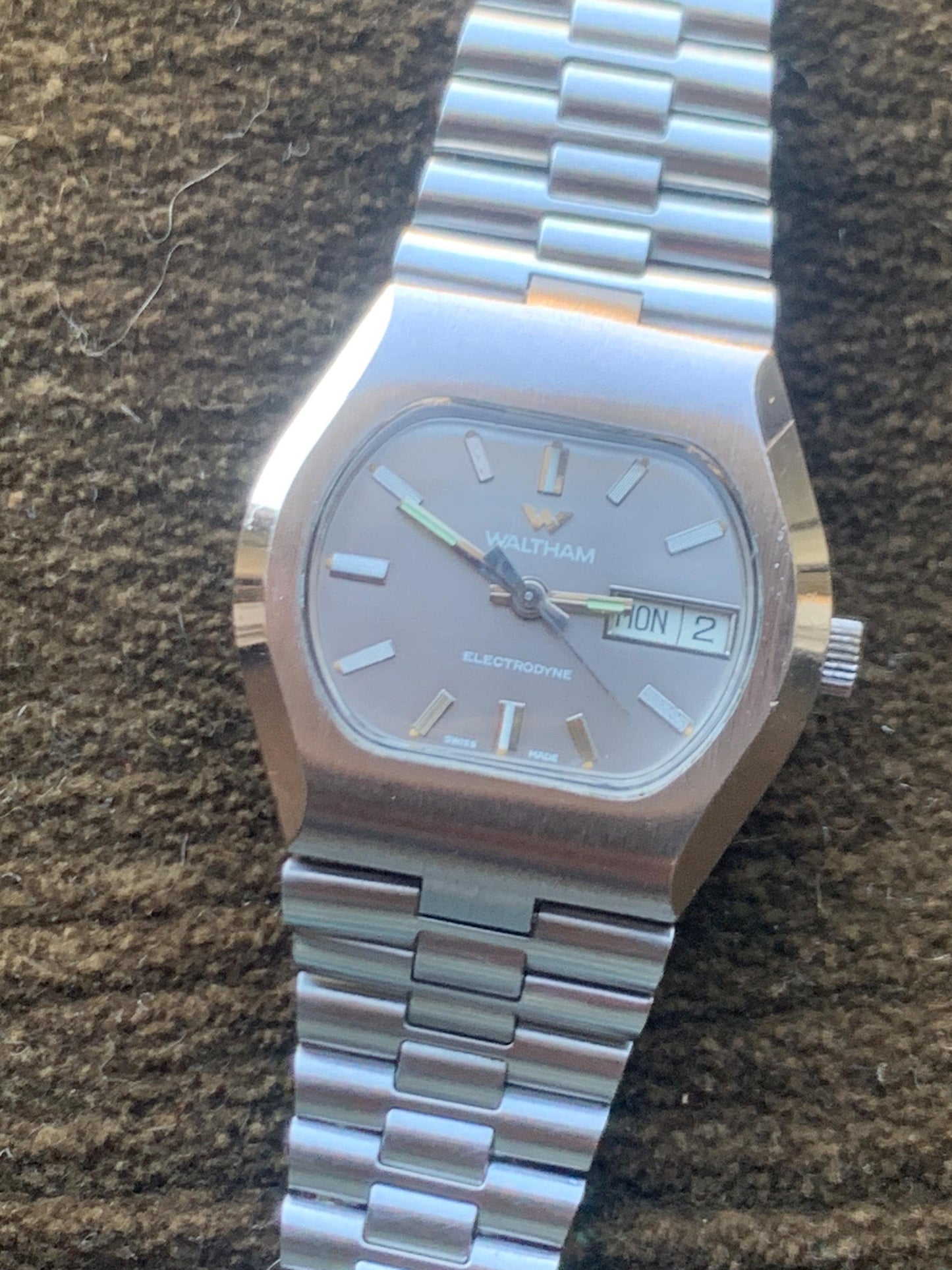 1970s Cool Waltham Electrodyne. TV Style Bezel  and Dial. Silver Tone, Day & Date. Original Bracelet! Heavy, Bold Design. Immaculate.