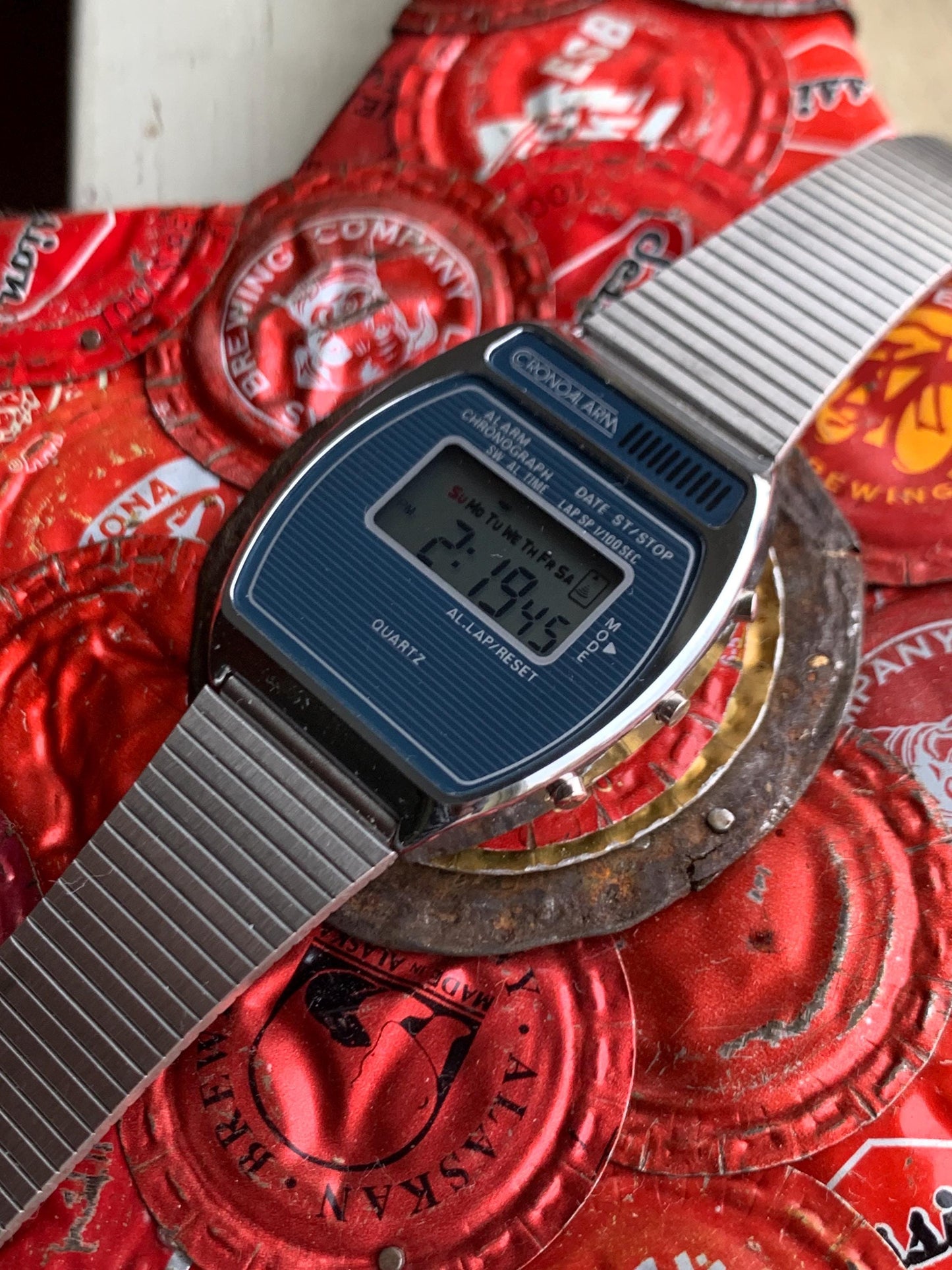 Vintage Cronoalarm Digital Quartz Watch - Pristine Early 1980s Mens LCD. New battery, original adjustable stainless bracelet. Works!