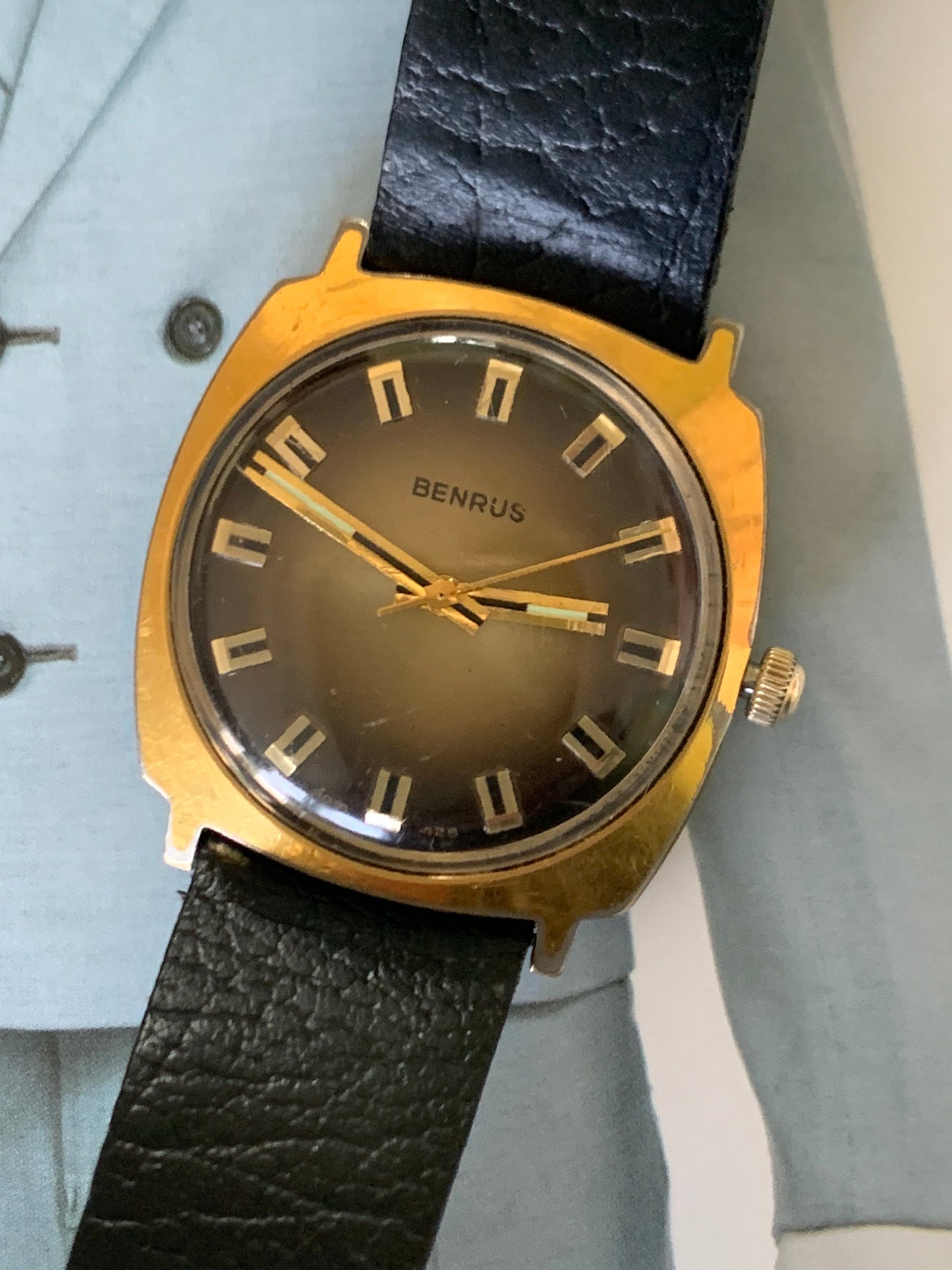 Stunning 1970's Style - Square Benrus Winder with Radiant Dial, Bold Unique Hands and Indices, Vintage Gently Worn Leather Strap. Bold.