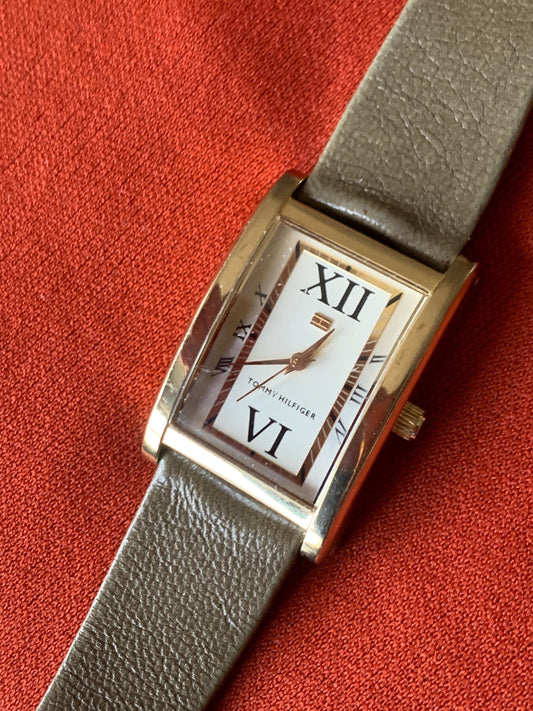 Late 90s Retro-Style Tank Watch: Gold Tone Tommy Hilfiger Tank Watch w/Classic Roman Numerals, Gold Dial. Period  Leather Band, New Battery.