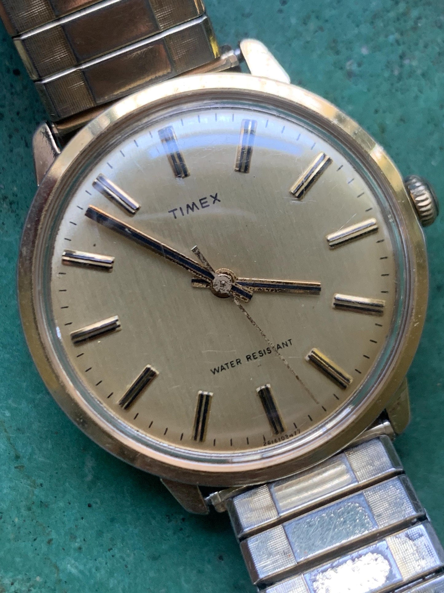 Vintage Timex Marlin Winder Watch, 1977. Radiant Golden Dial with Stick Indices. Very Good Condition Mechanical Winder, works well.