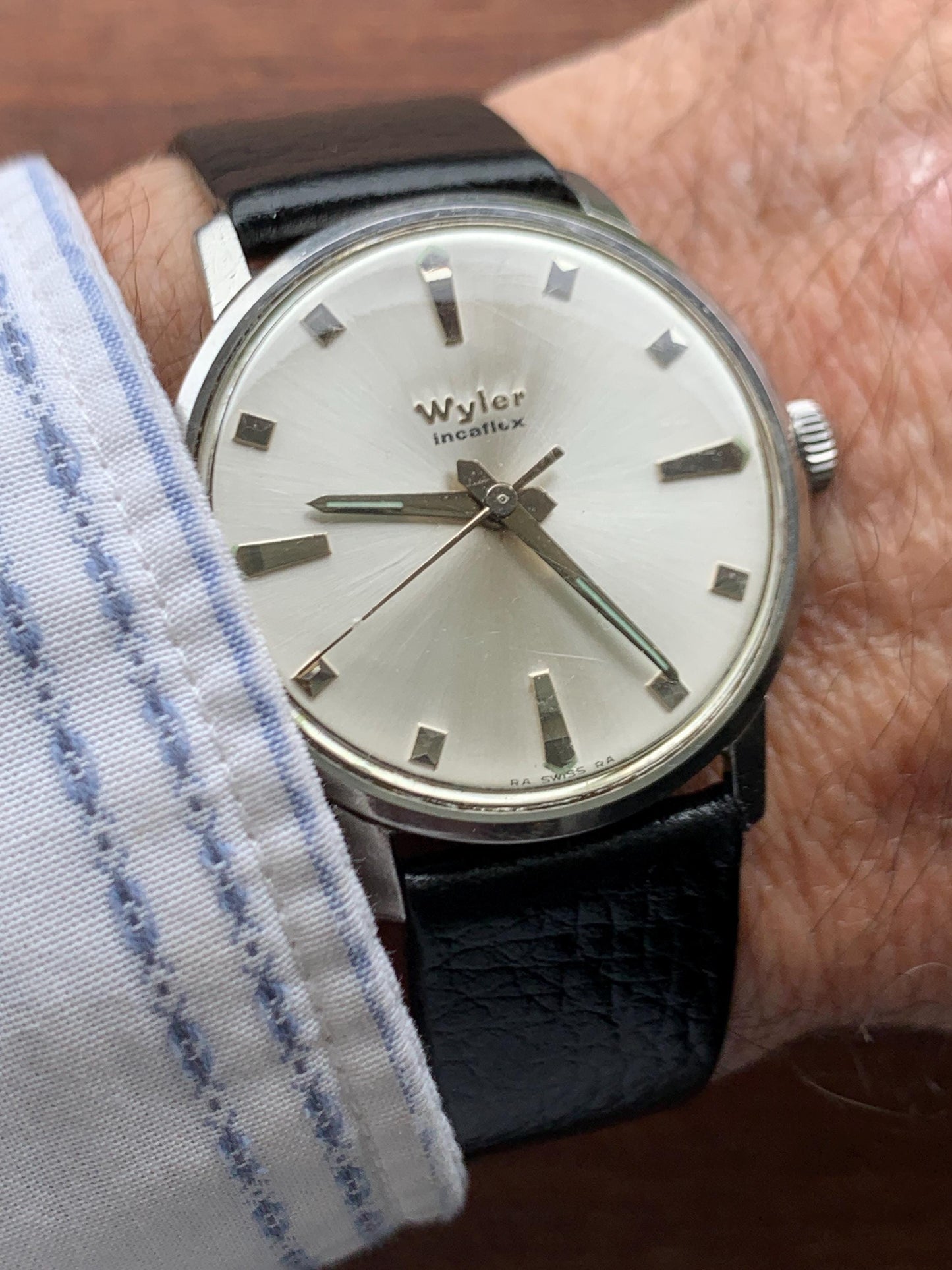 Mid-1960s Wyler Winder Watch - Swiss Made Silver Radiant Dial with New Vintage Style Calf Leather Black Strap. Incaflex. Works. MSM Style!