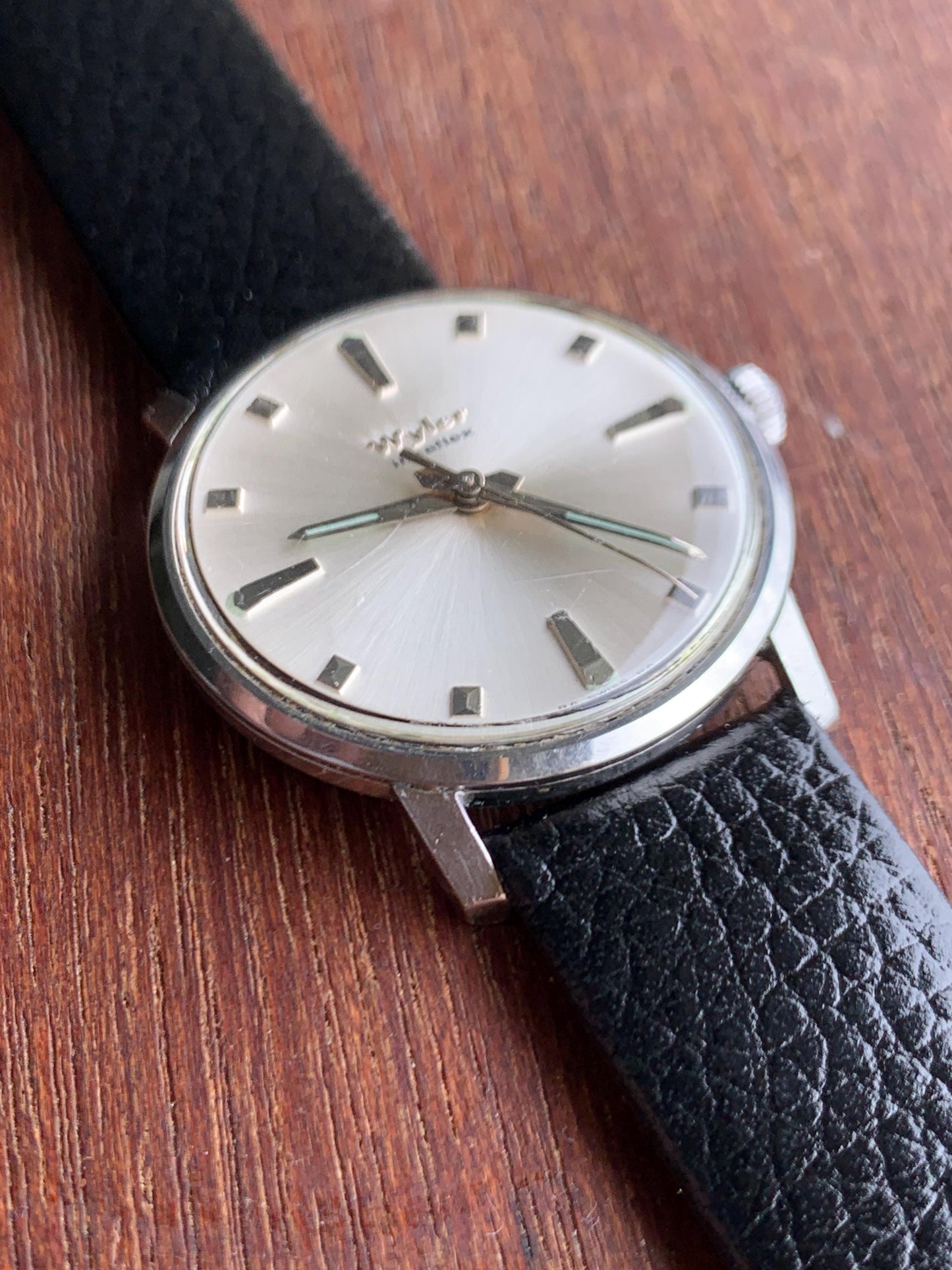 Mid-1960s Wyler Winder Watch - Swiss Made Silver Radiant Dial with New Vintage Style Calf Leather Black Strap. Incaflex. Works. MSM Style!