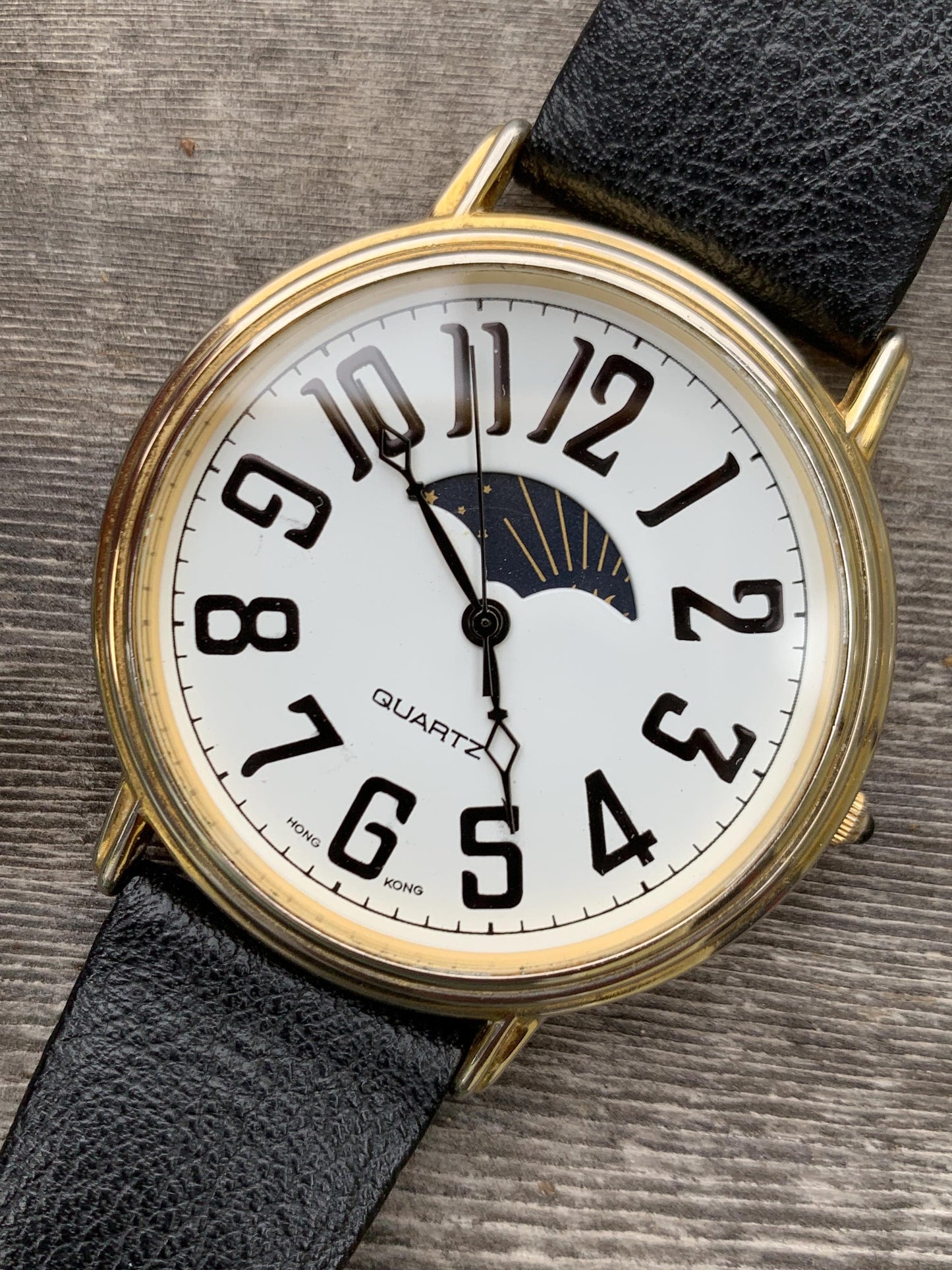 Excellent Large 90s Sun Moon Watch - 44mm Three-Hand 'Moonphase' with Original Leather Band Sun Moon Day Night Watch. Excellent Condition.