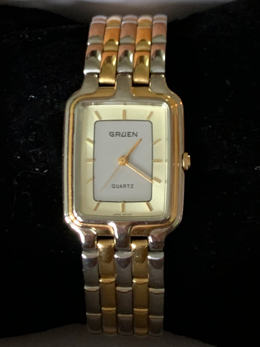 Neo-Vintage: 1980s Gruen Two Tone Metal Tank Watch - Barely worn, new battery, keeps time well.  Retro flair! 001-6L32