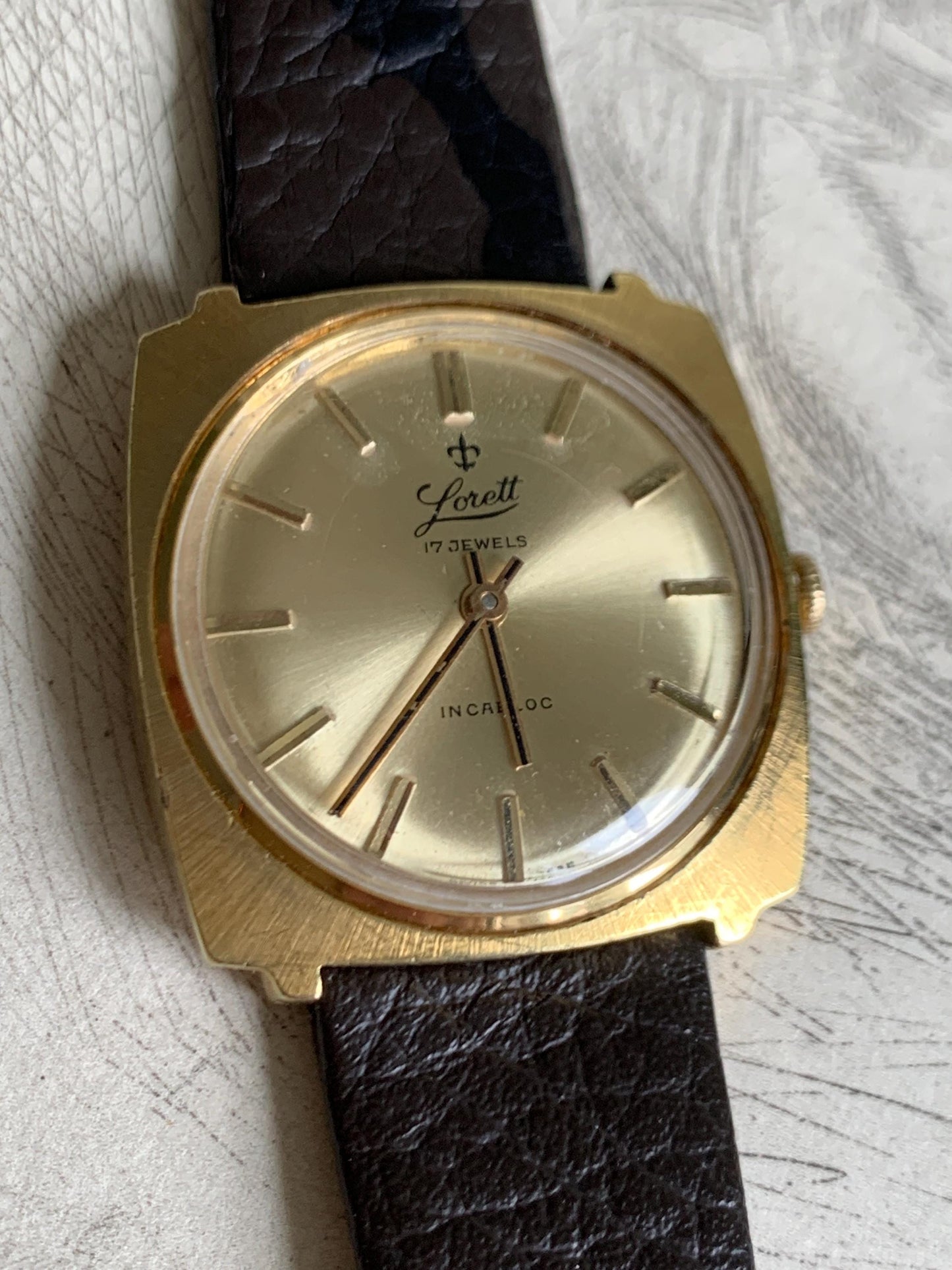 Early 70s Swiss Made Lorett Winder Watch - Square Gold Tone w/ Radiant Dial  Vintage Style Leather Strap. Incabloc. Works. Slim. Cool.