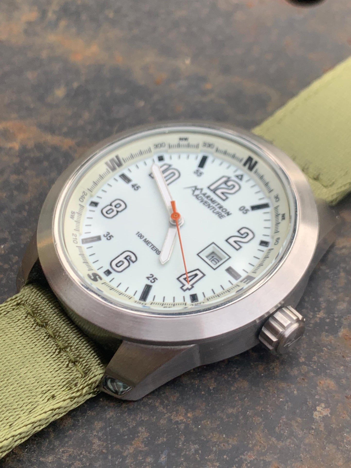 HUGE Armitron Adventure Watch - Brushed Metal, White Glowing Night Dial, 46mm! Date, Works Well, New Green Nylon Strap. New Batt. Outdoorsy