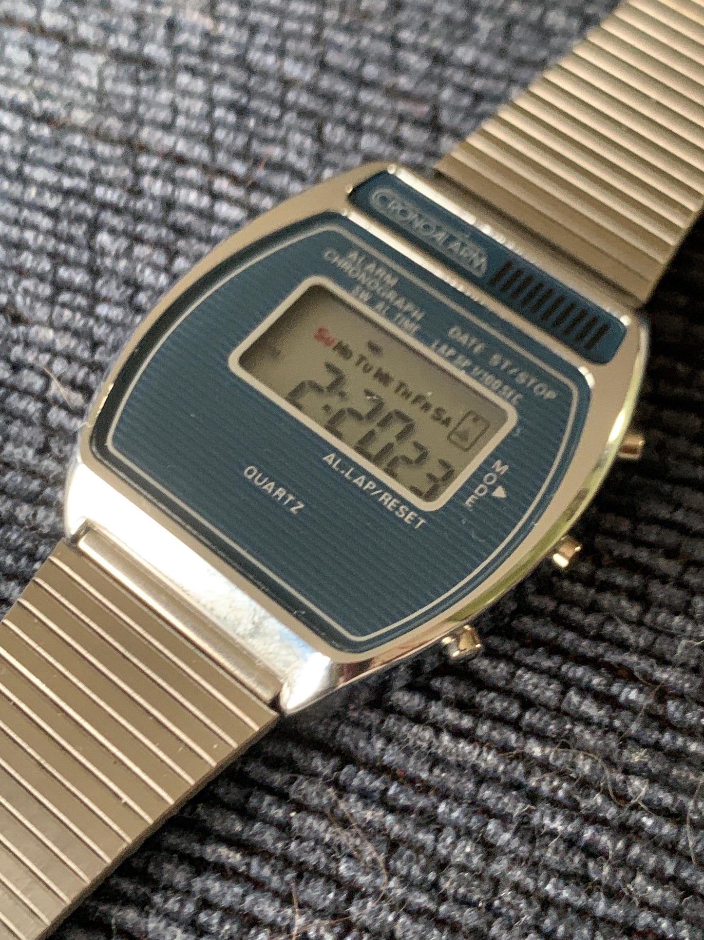 Vintage Cronoalarm Digital Quartz Watch - Pristine Early 1980s Mens LCD. New battery, original adjustable stainless bracelet. Works!