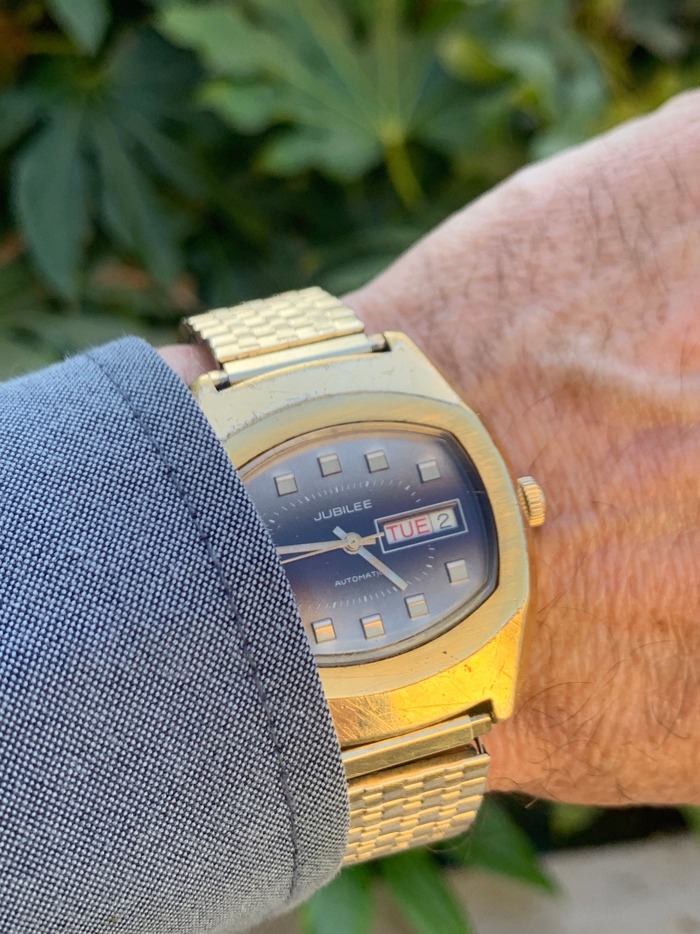 1970s Jublilee Automatic TV Style Watch with Day/Date. Fifty years of loving wear showing here and there. Great crystal, works, keeps time.