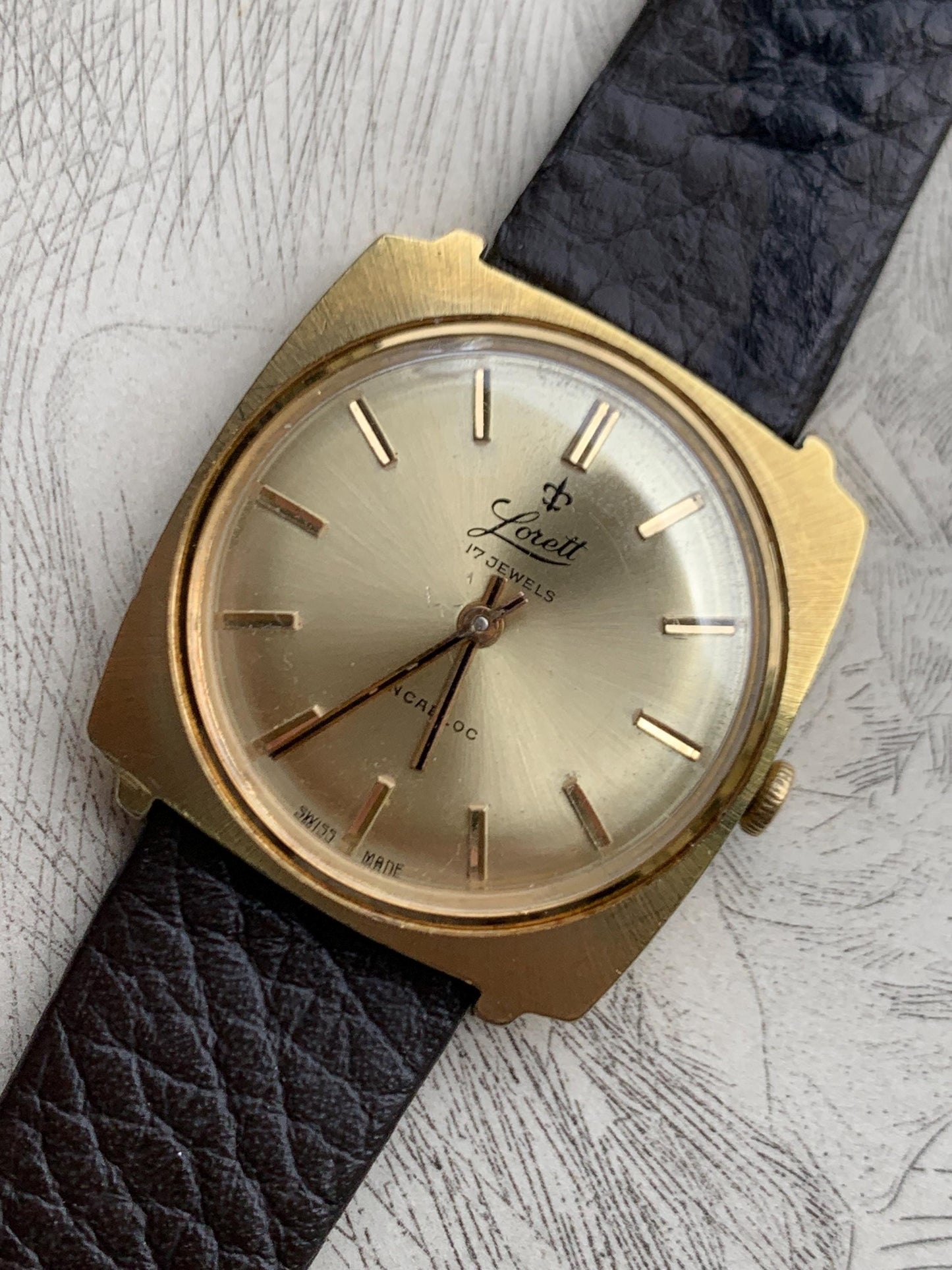 Early 70s Swiss Made Lorett Winder Watch - Square Gold Tone w/ Radiant Dial  Vintage Style Leather Strap. Incabloc. Works. Slim. Cool.