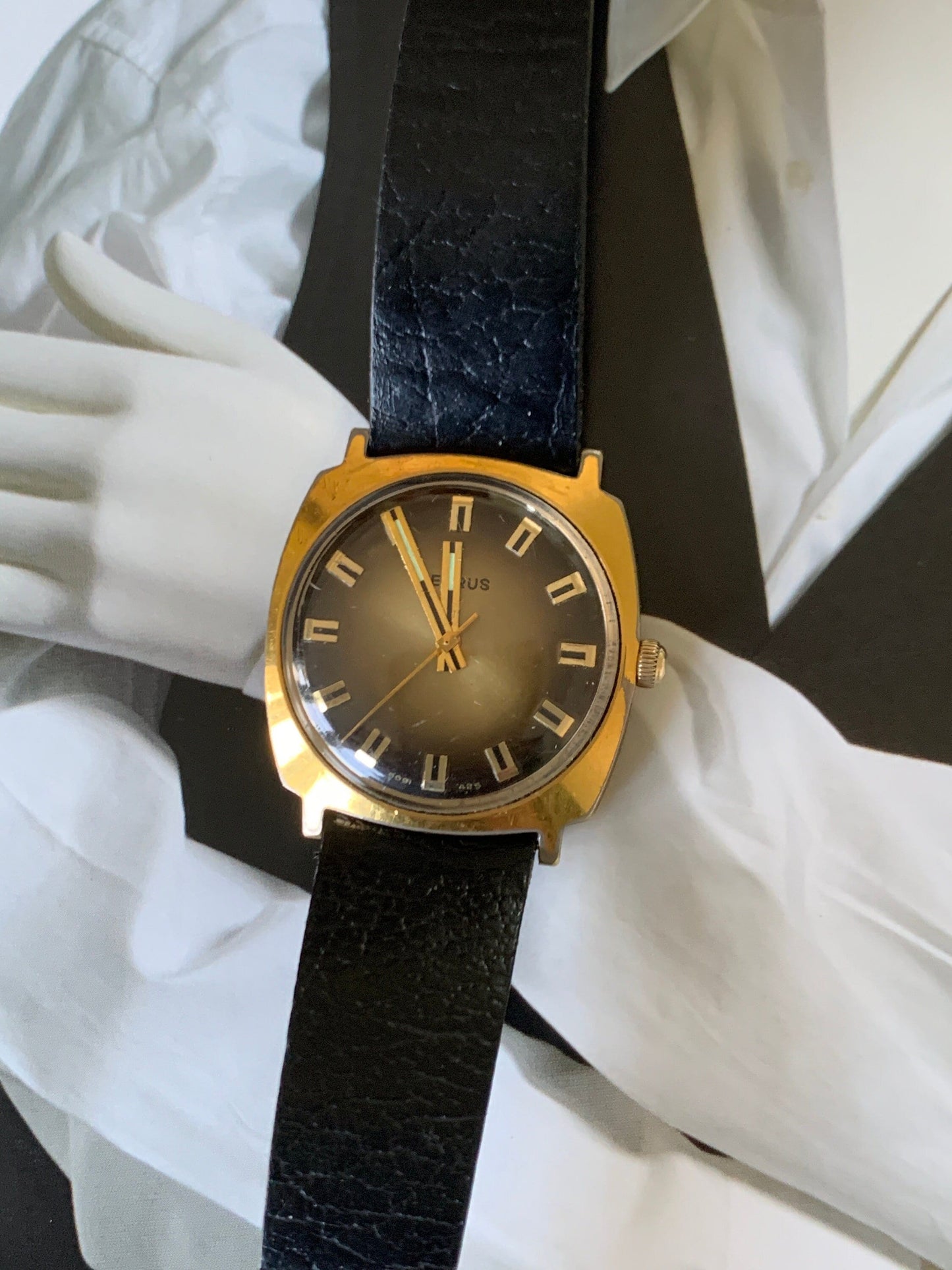 Stunning 1970's Style - Square Benrus Winder with Radiant Dial, Bold Unique Hands and Indices, Vintage Gently Worn Leather Strap. Bold.
