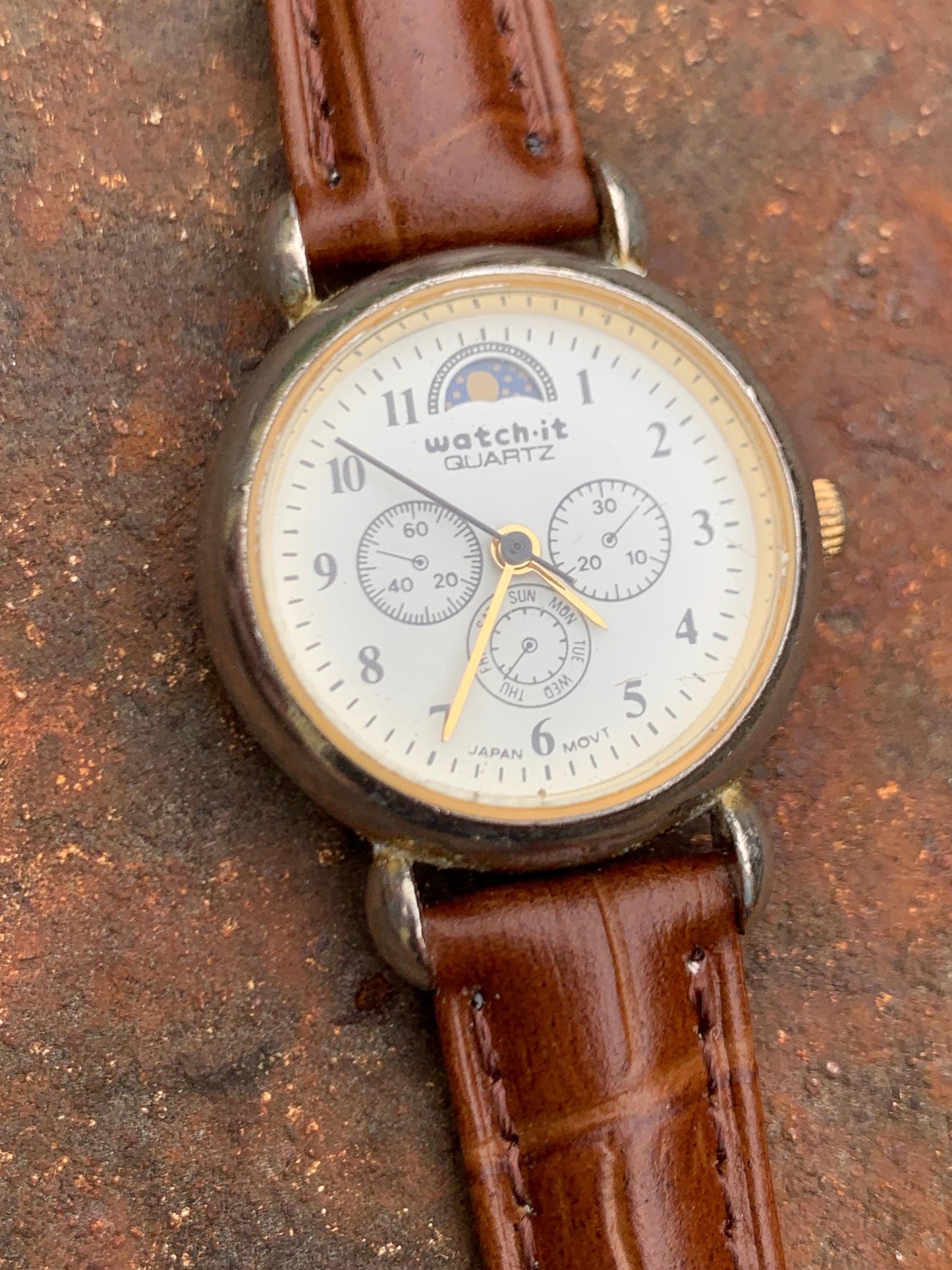 Many Many Moons Moon Phase Women's Quartz Watch - Watch-It Brand by Nelsonic. New battery. True Moon Month. Good but quite worn condition.