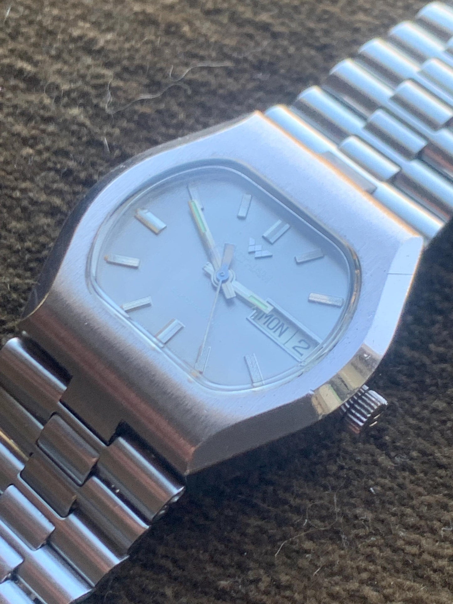 1970s Cool Waltham Electrodyne. TV Style Bezel  and Dial. Silver Tone, Day & Date. Original Bracelet! Heavy, Bold Design. Immaculate.