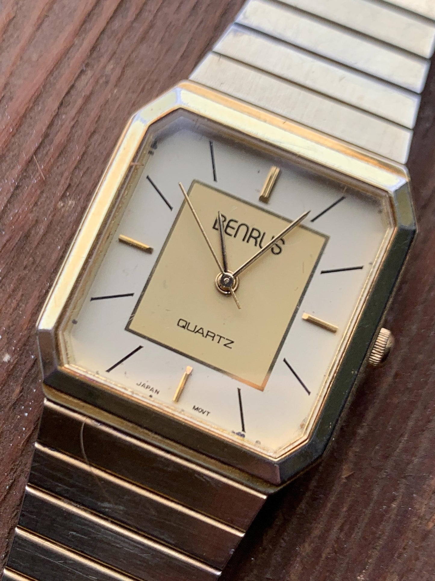 1980s Benrus Quartz Tank Watch - Retro Octagonal Tank Watch with 2-Tone Gold Dial, Gold Case & Integral Original Band. Cool Analog 80s Watch